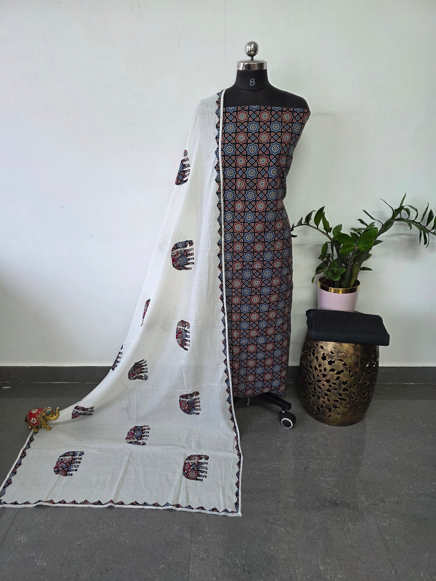 Handcrafted ajrakh cotton top with applique cotton shawl - BAA62
