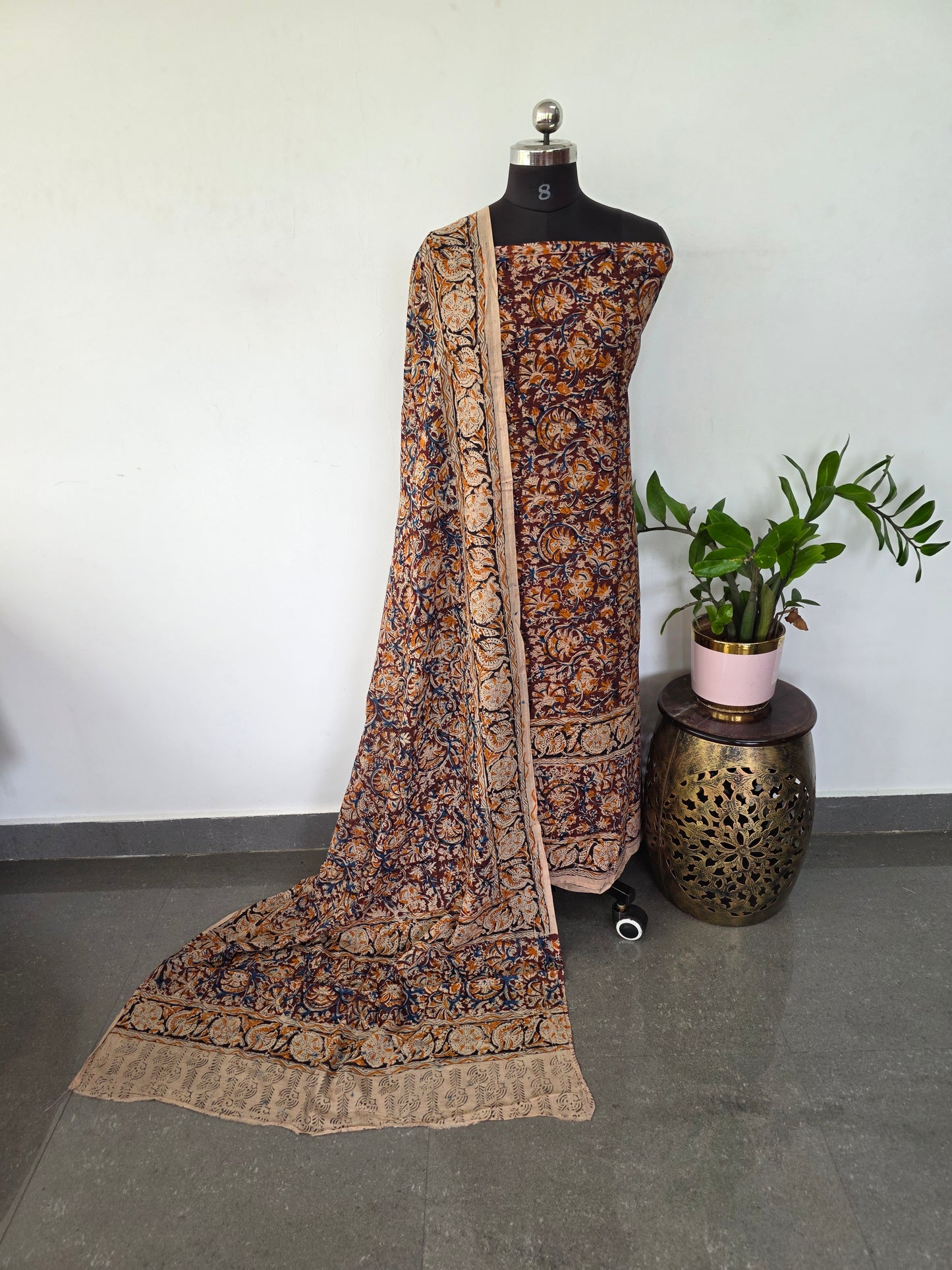 Handblock pure kalamkari cotton with border ( 2 pc set )- AK177