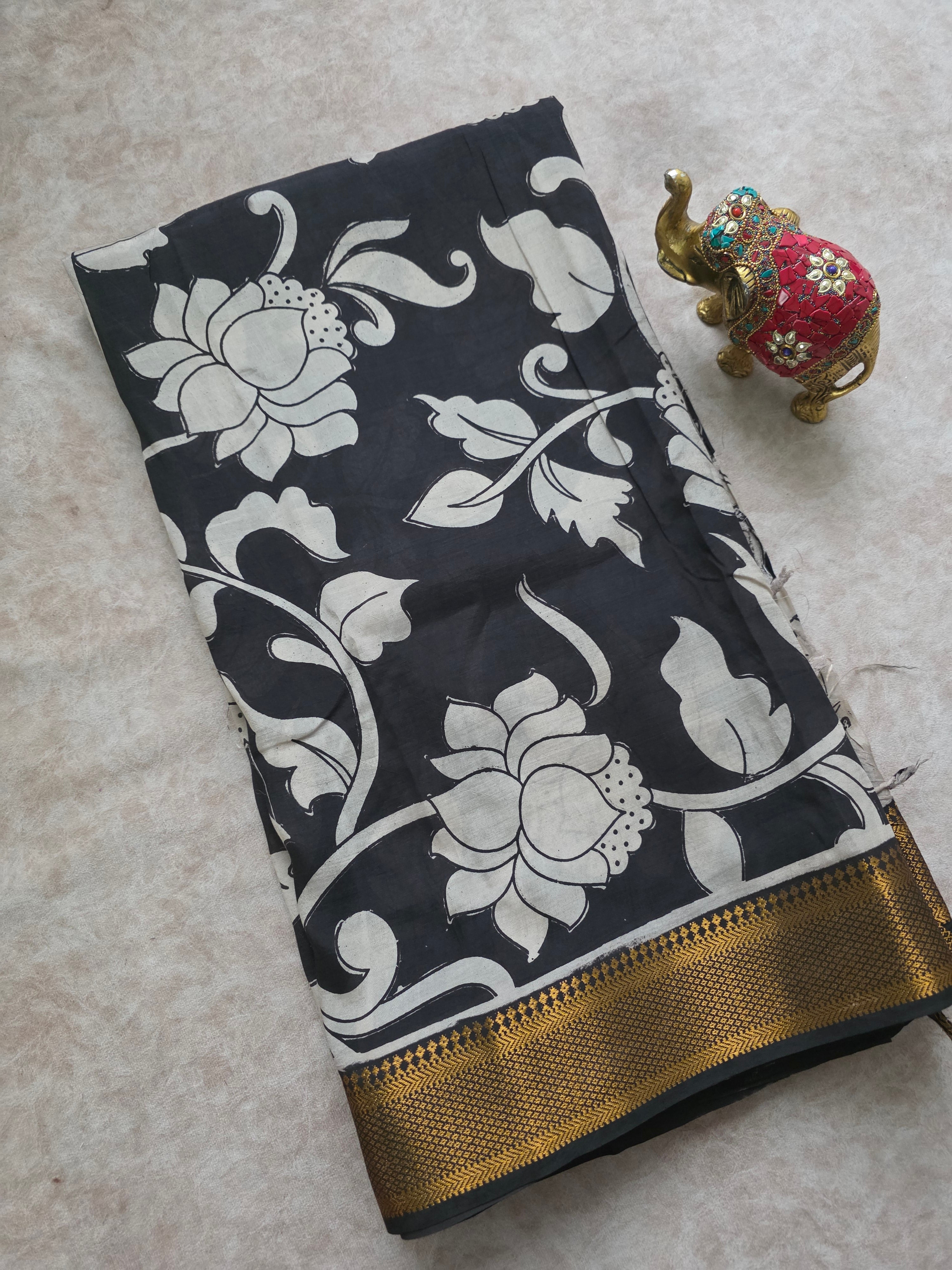 Kalamkari Cotton Saree with Nizam Border – Maroon Floral Pattern main image 0