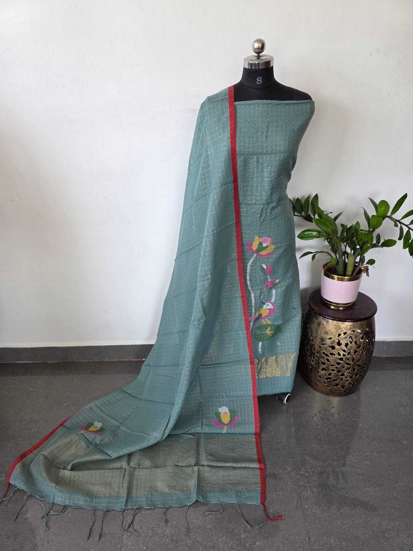 Handloom zari Checked Mul cotton paithani jamdhani set- JMM306