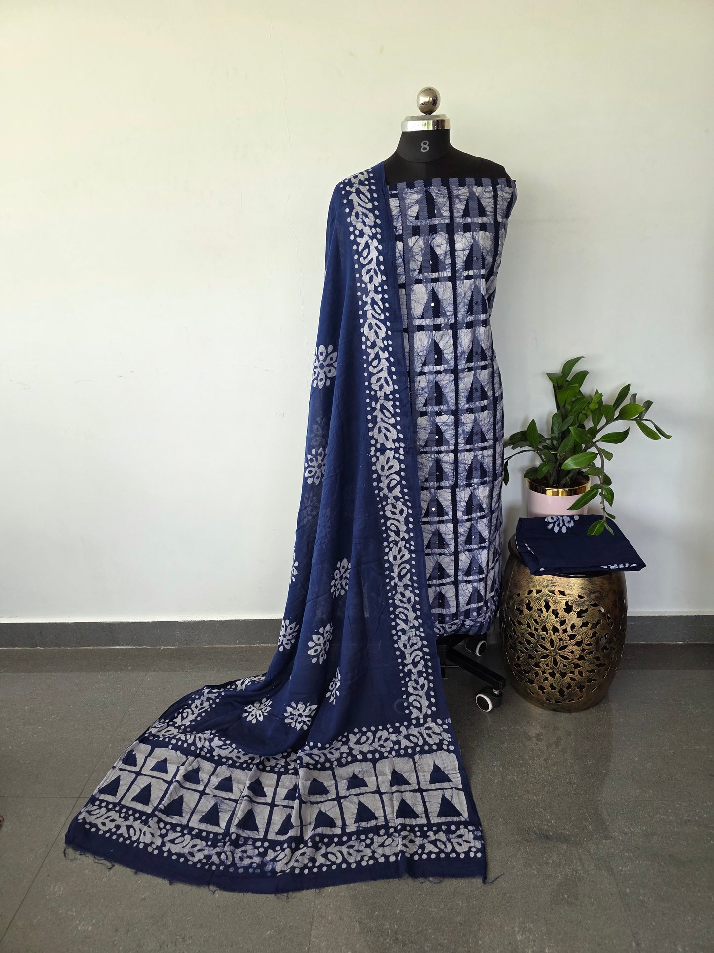 Dull patta kantha batik cotton set with mirror work - BA227