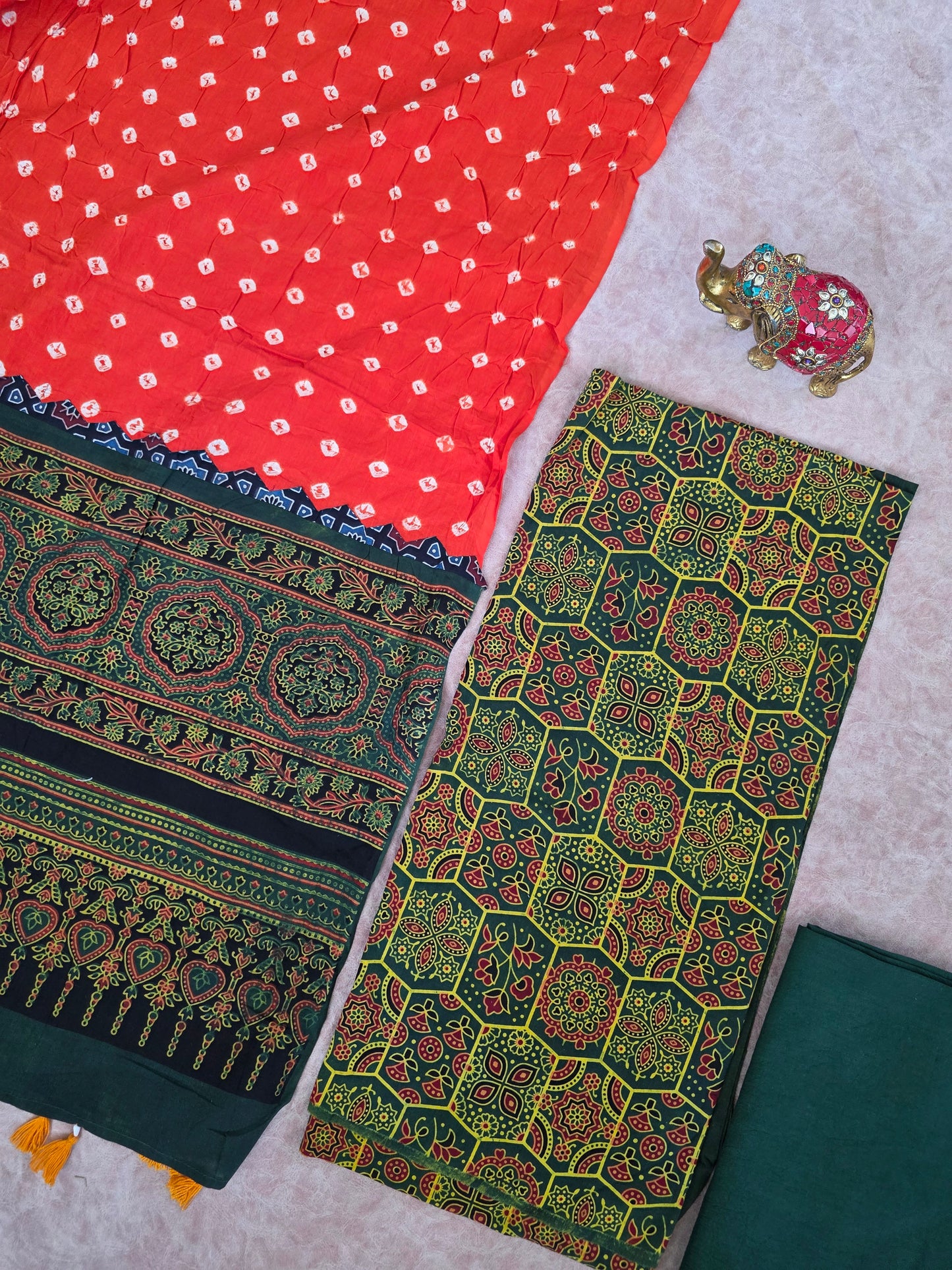 Handcrafted ajrakh cotton top with pure bandhani cotton shawl - BAA12