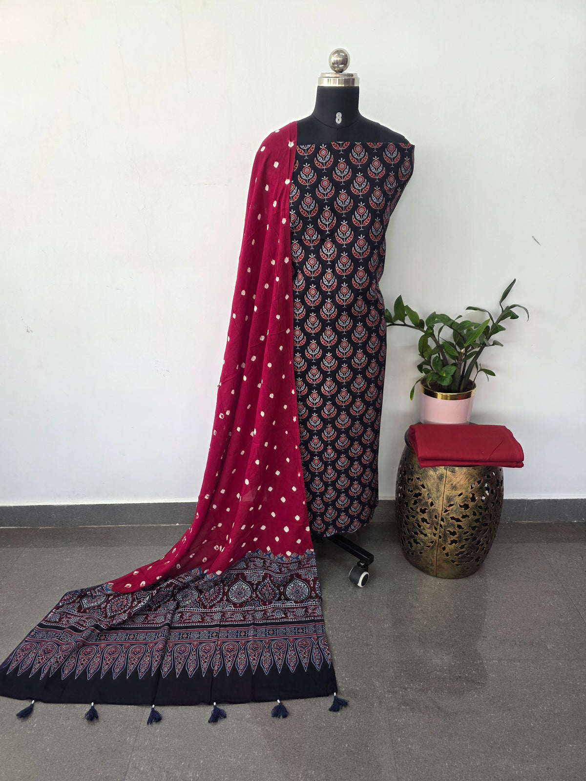 Handcrafted ajrakh cotton set with bandhini duppatta(Black)-HZ372