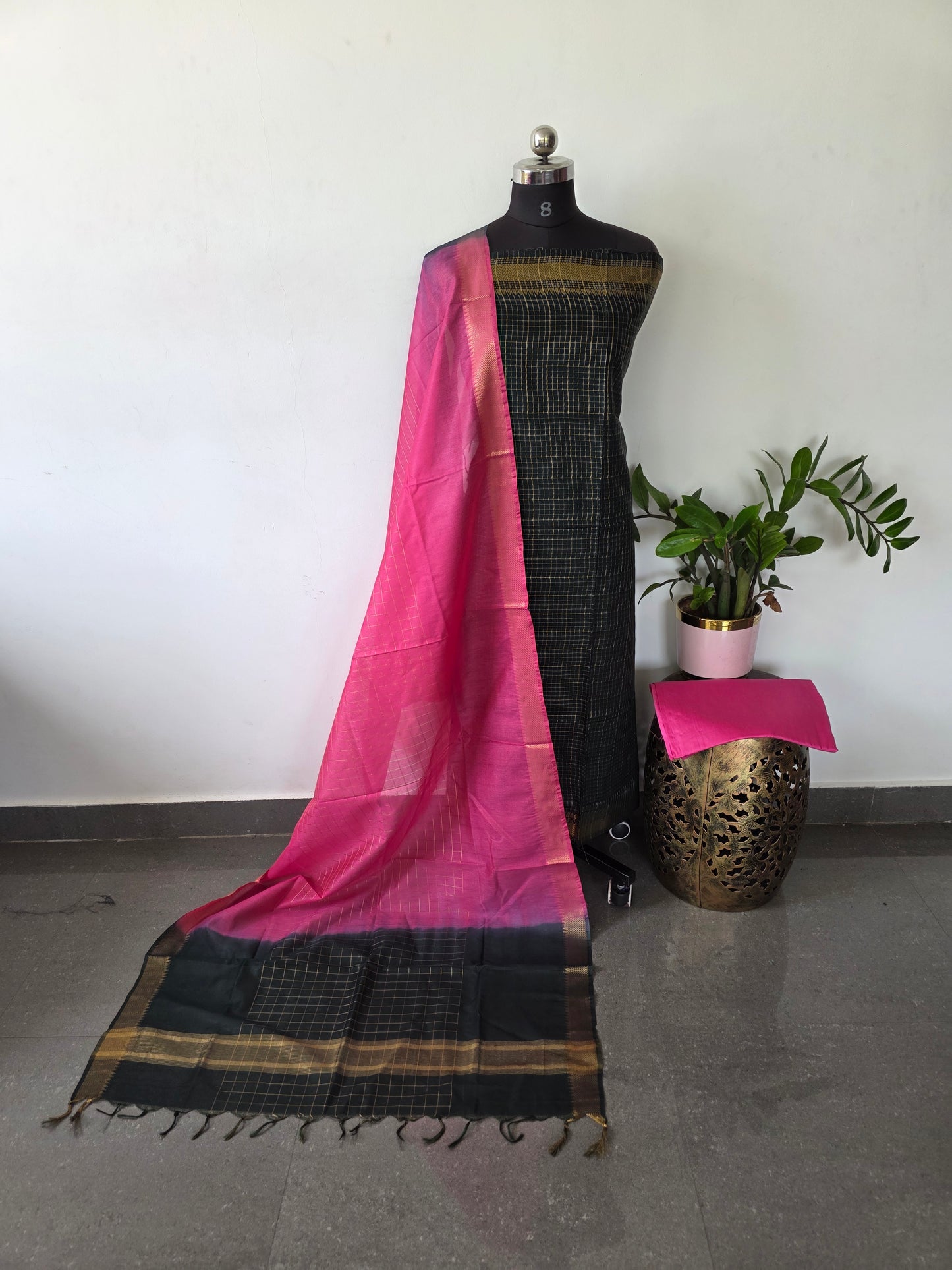 Checked Bhagalpuri fusion mangalagiri silk set - BA331