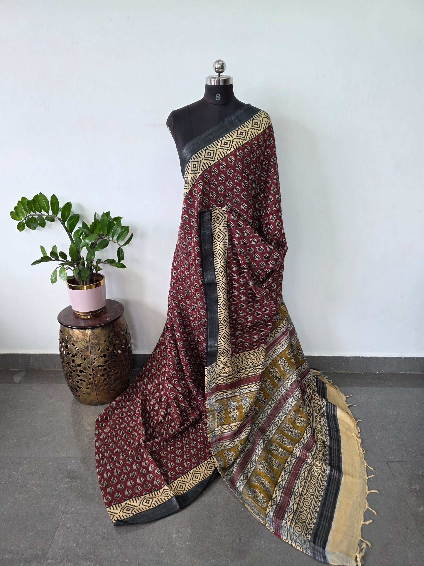 Handblock Jaipuri linen cotton saree - JA819