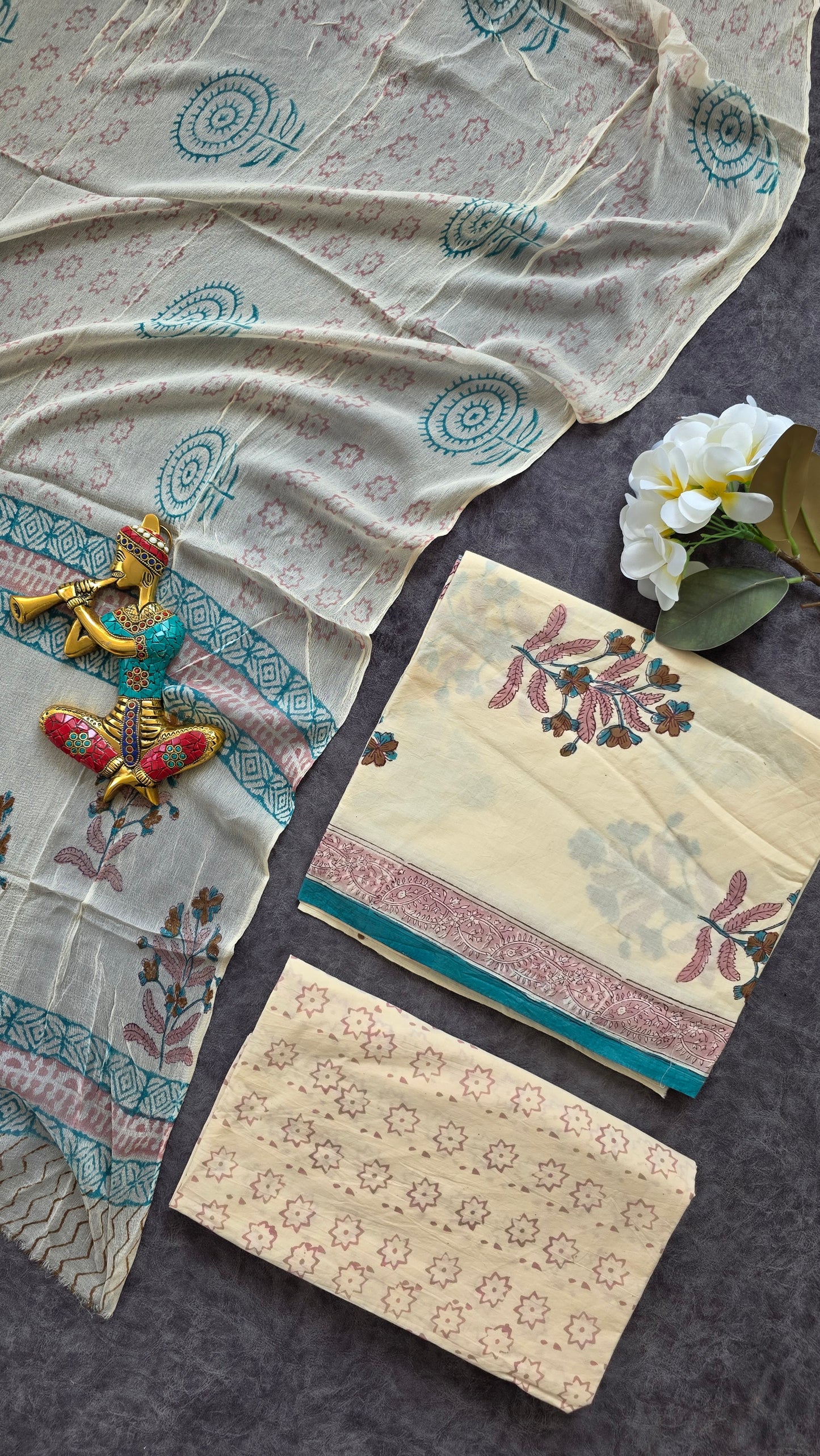 Handblock Jaipuri pure cotton with chiffon shawl - JX63