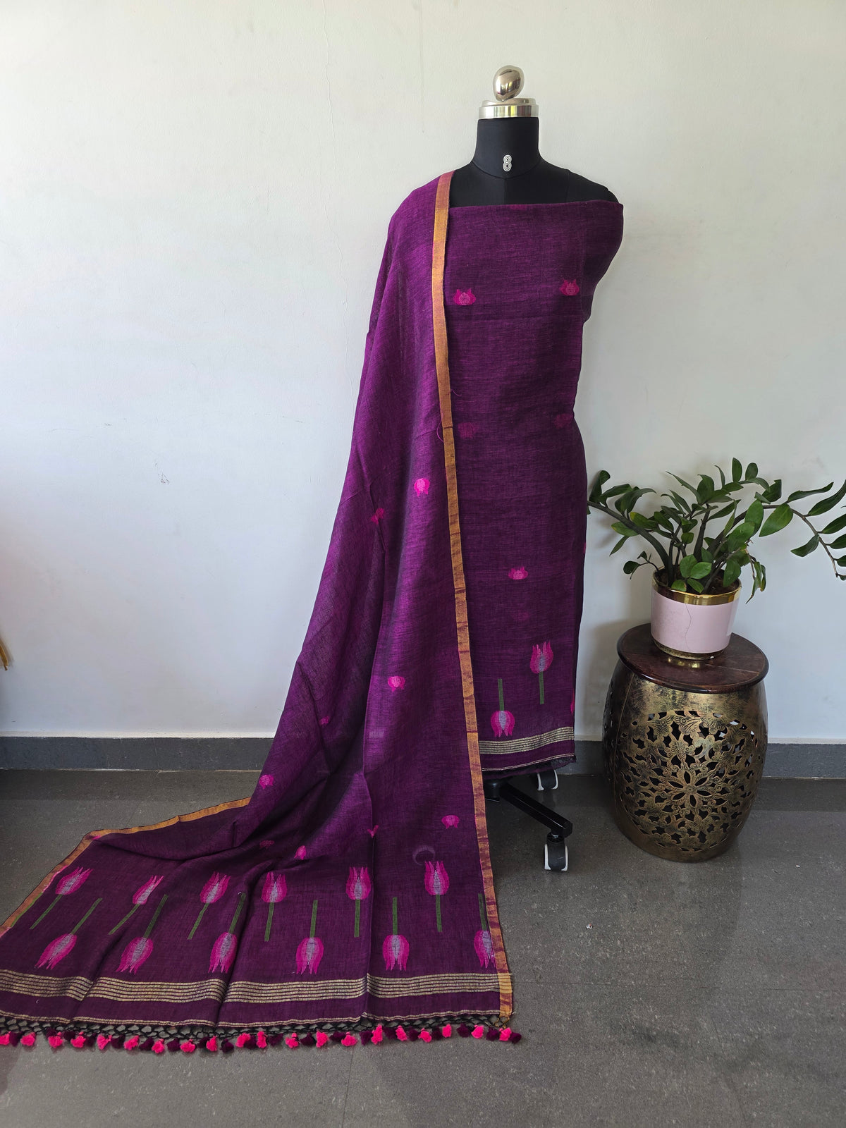 Premium handloom linen tulip jamdhani set- JMM514