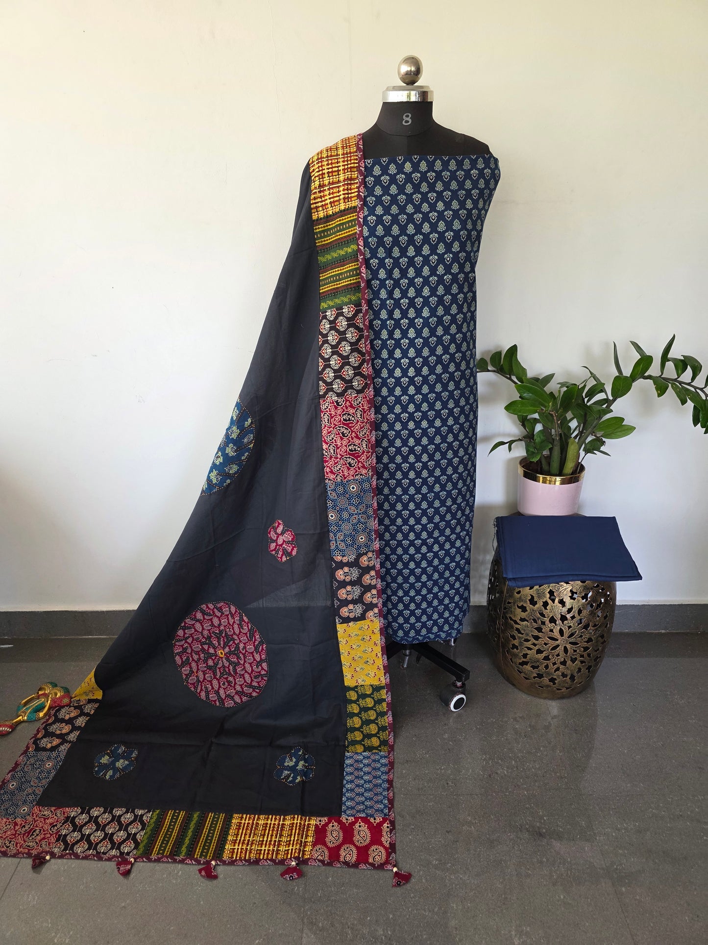 Handcrafted ajrakh cotton top with applique cotton shawl - BAA43