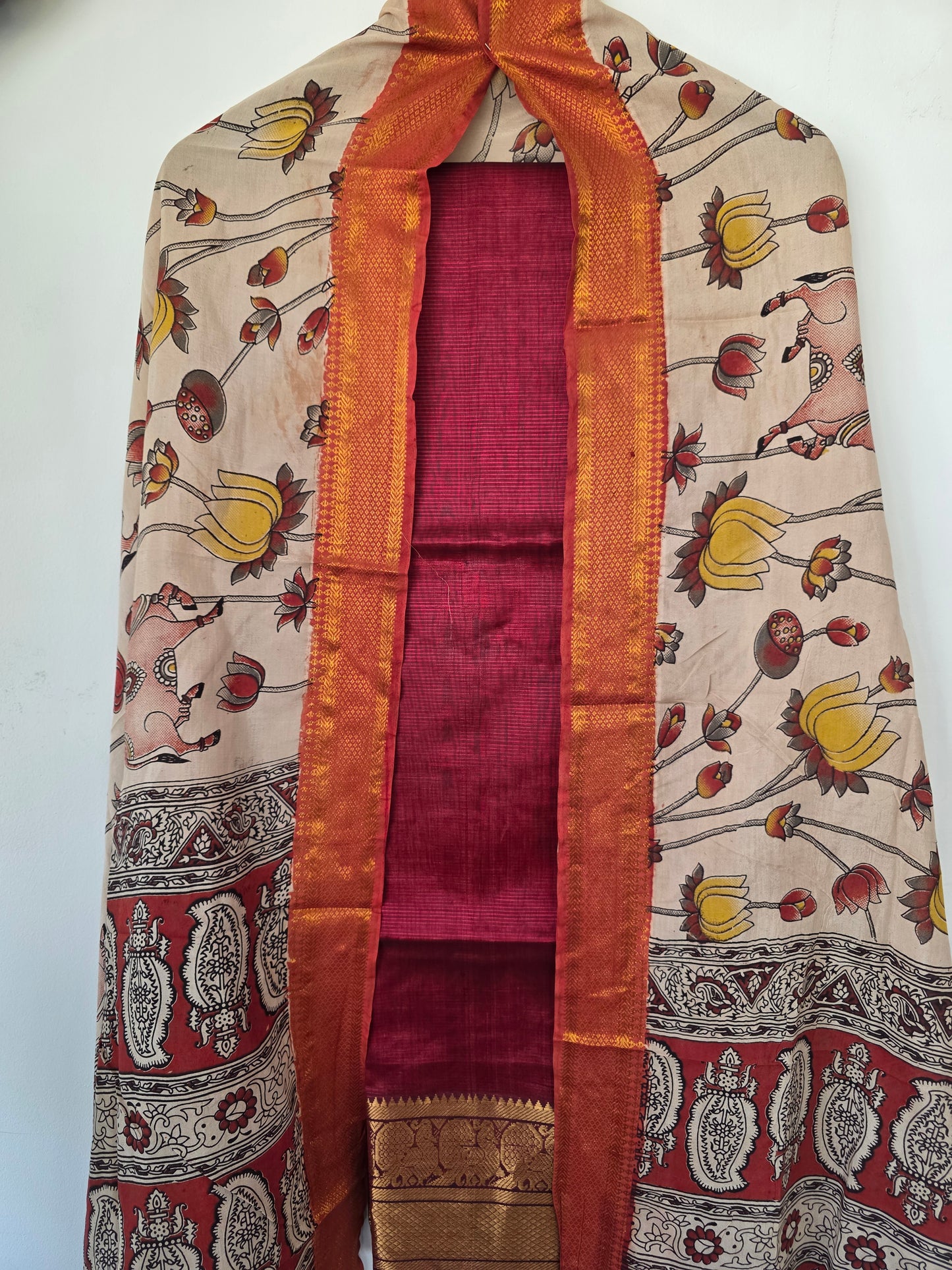 Handloom Mangalagiri silk kanchi border top with chennuri silk kalamkari shawl - AK104