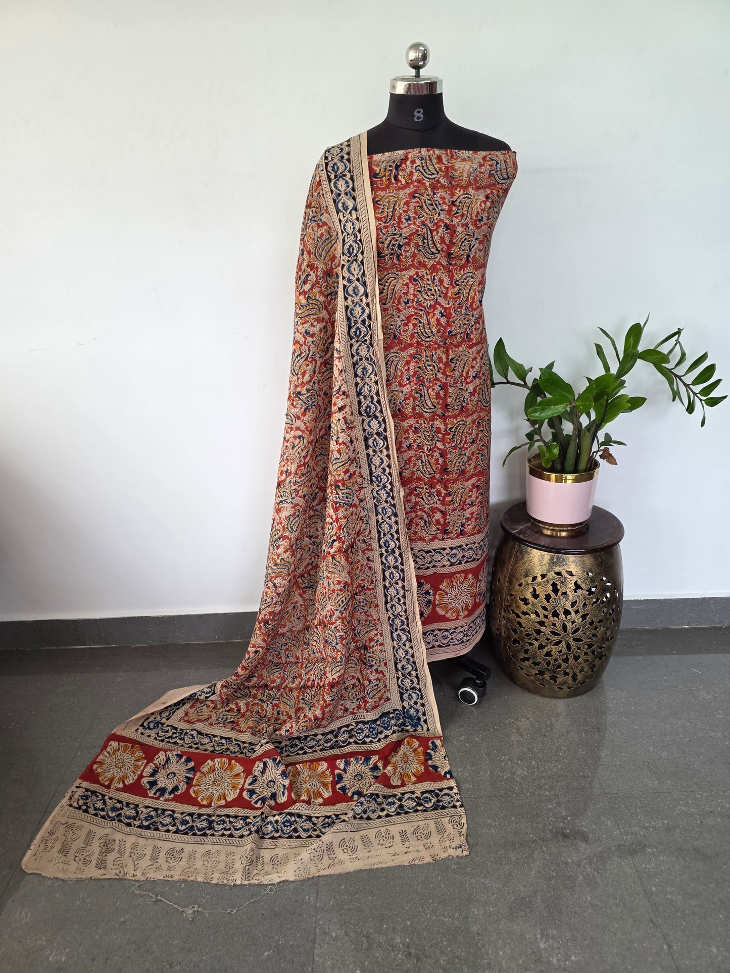 Handblock pure kalamkari cotton with border ( 2 pc set )- AK173