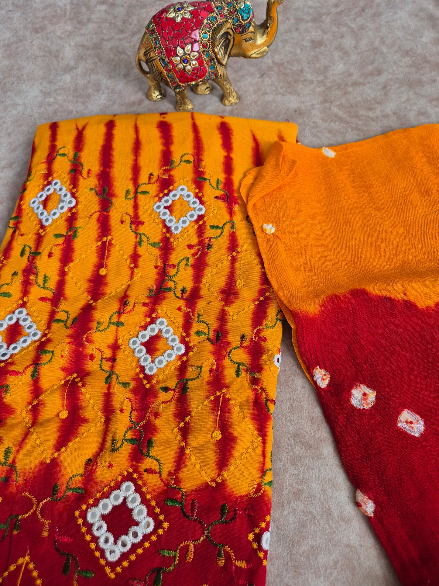 Embroidery bandhini rayon set