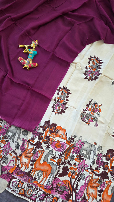 Penkalamkari- inspired Chennuri pure kalamkari silk set - AK143