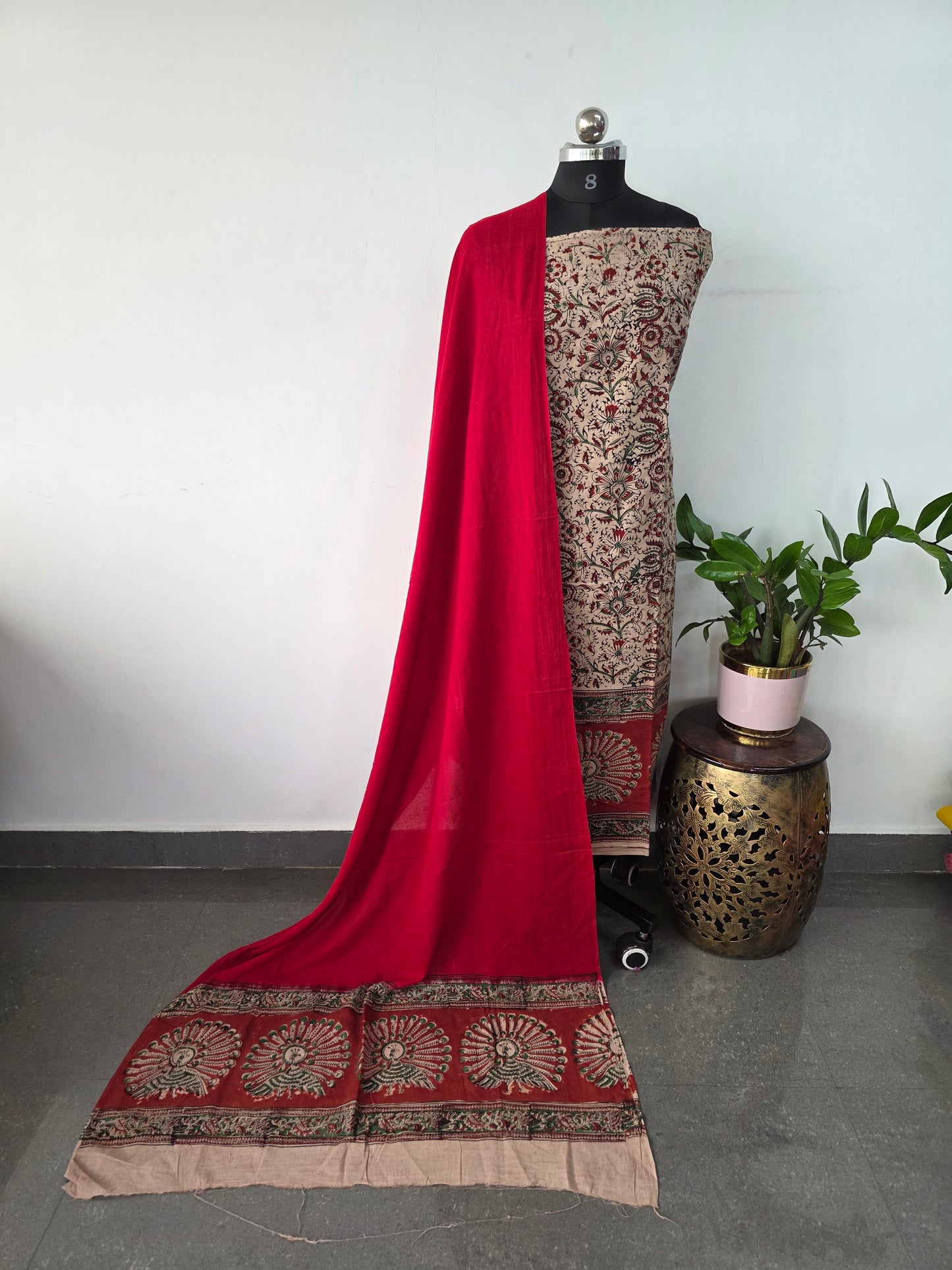 Handblock pure kalamkari cotton with border ( 2 pc set )- AK295