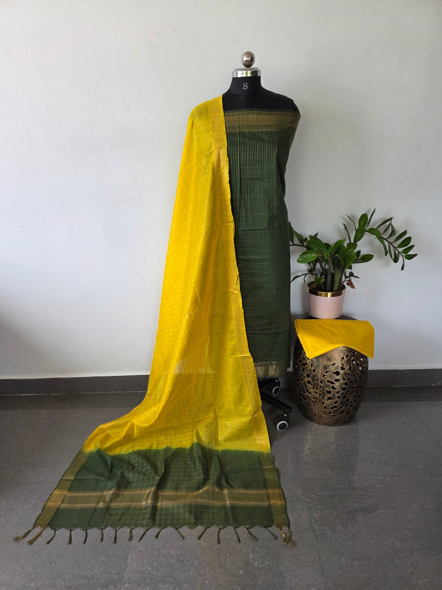 Checked Bhagalpuri fusion mangalagiri silk set - BA332