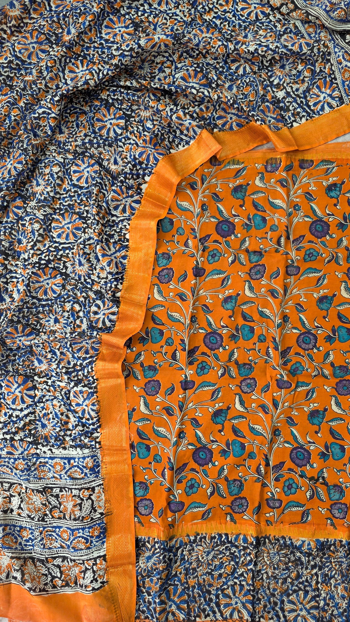 Mangalagiri kalamkari fusion gap border silk set-AK559