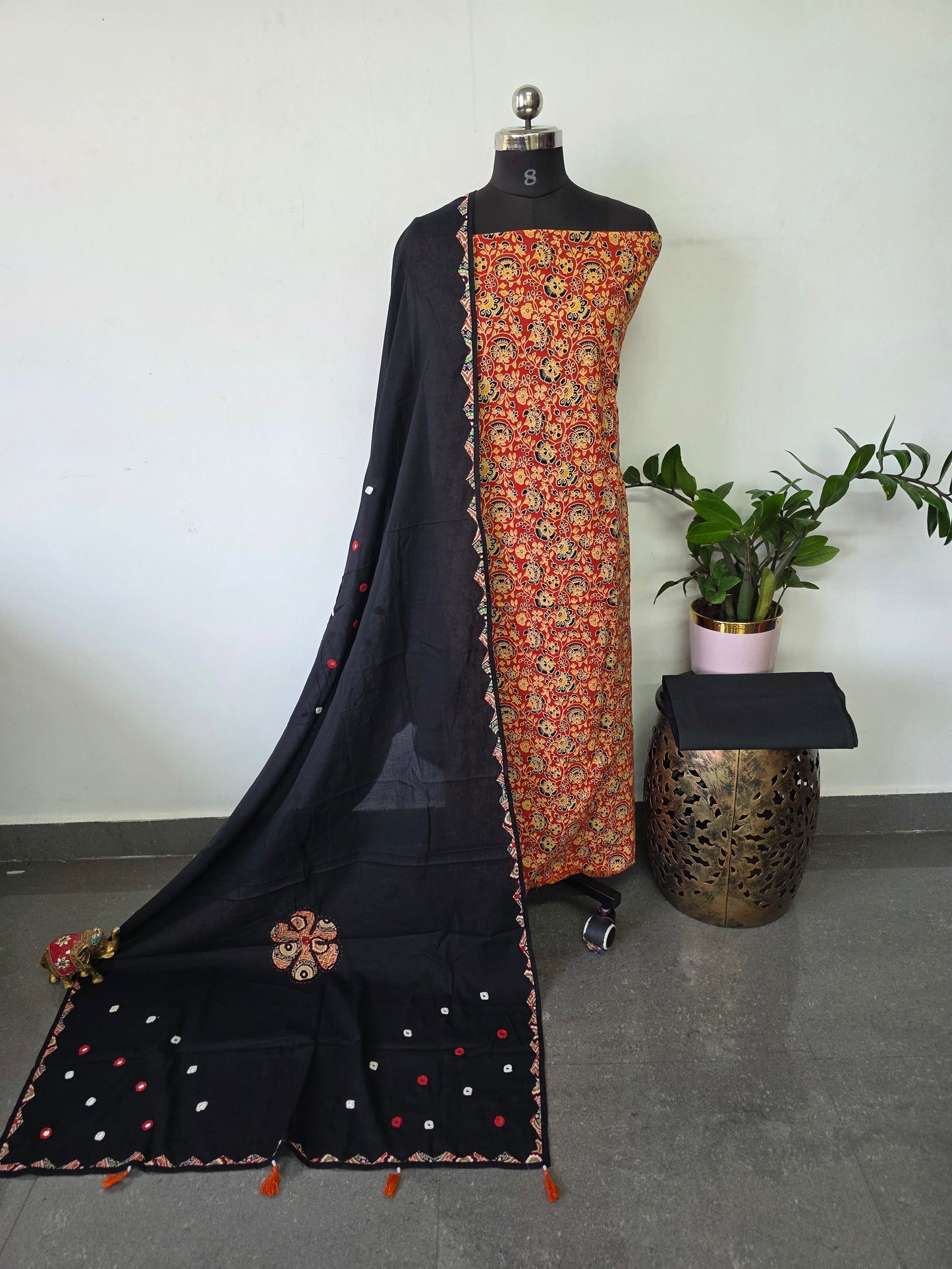 Handcrafted ajrakh cotton top with mirror work cotton shawl - BAA70
