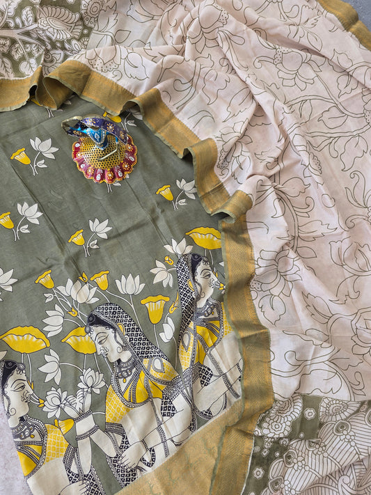 Premium Chennuri pure authentic kalamkari silk with kanchi border -AKS3