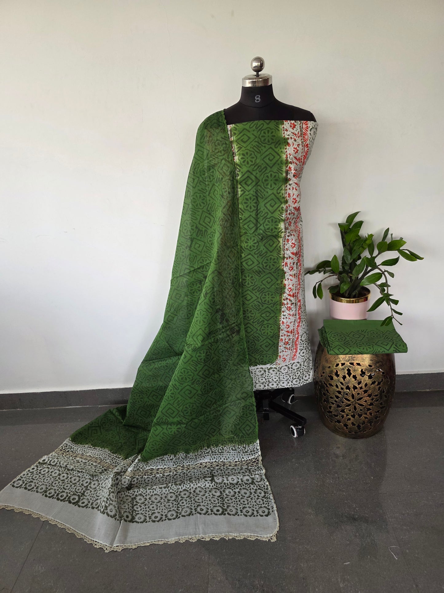 Handblock cotton set with cotton crochet work duppatta - GE107