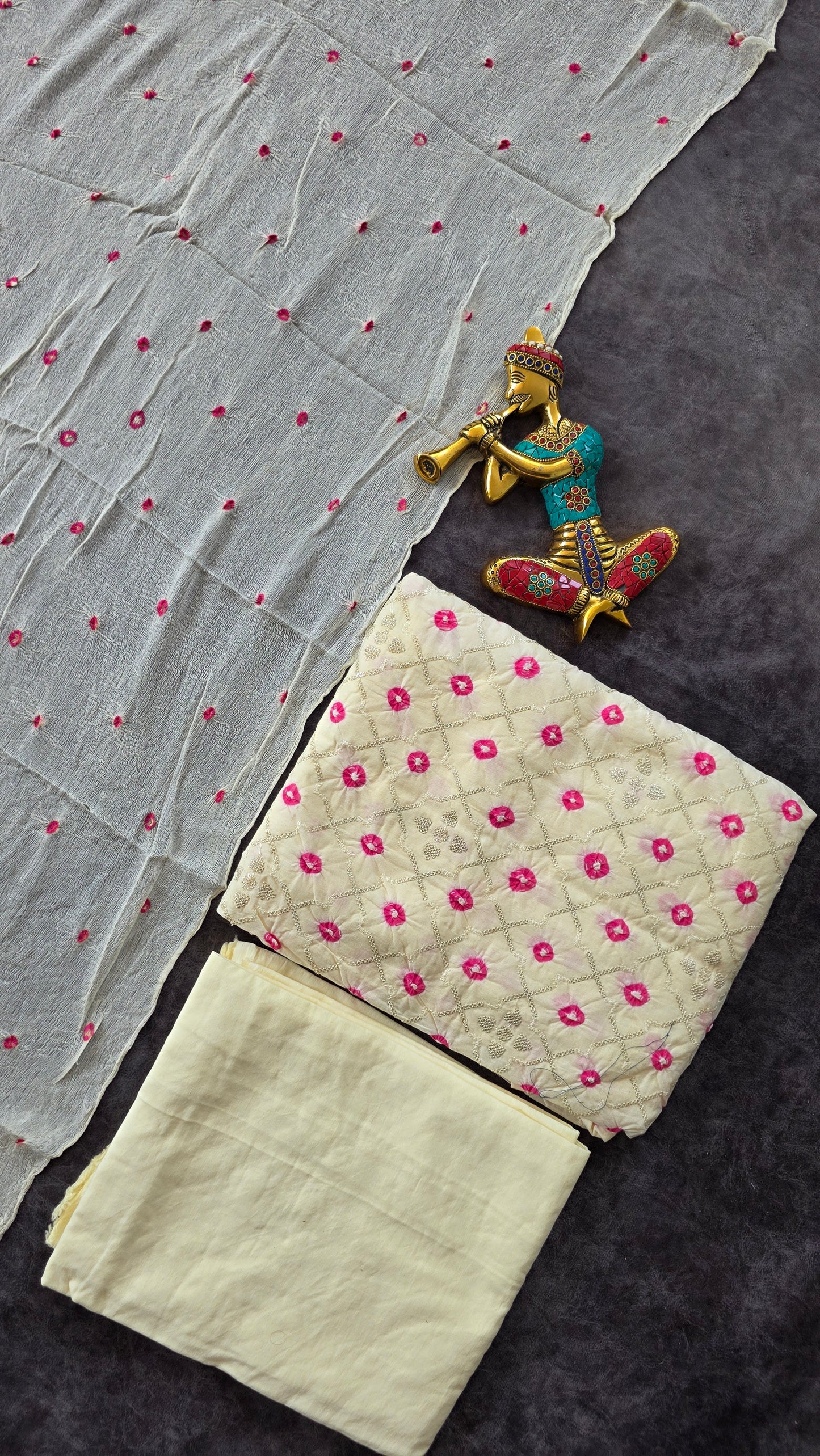 Embroidery Bandhini cotton set with bandhini chiffon shawl - JA793