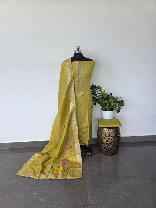 Premium fancy shimmer soft silk set - green