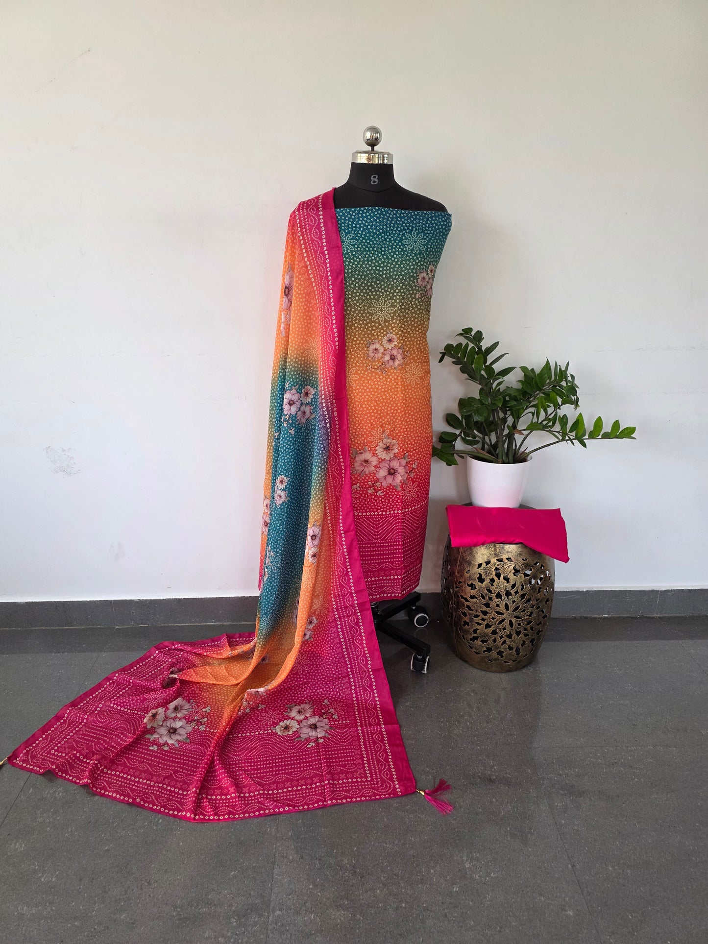 Fancy muslin bandhini digital silk set - pink