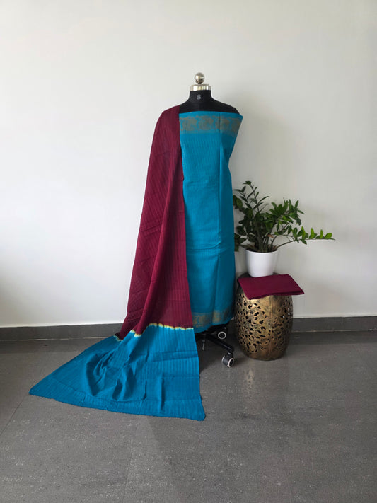 Madurai sungudi zari kattam salwar set - blue with maroon