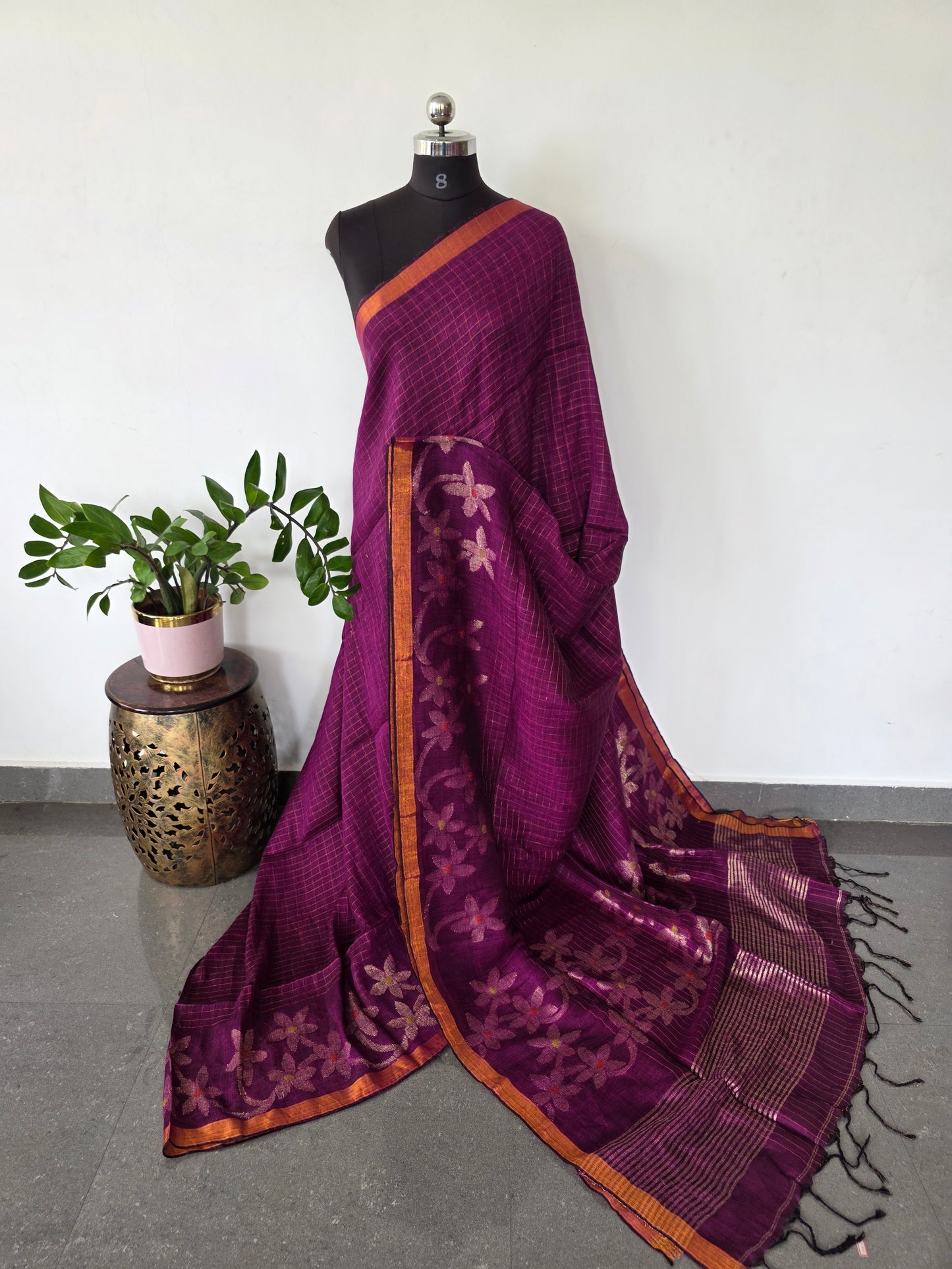 Premium handloom linen jamdhani saree - JMM383