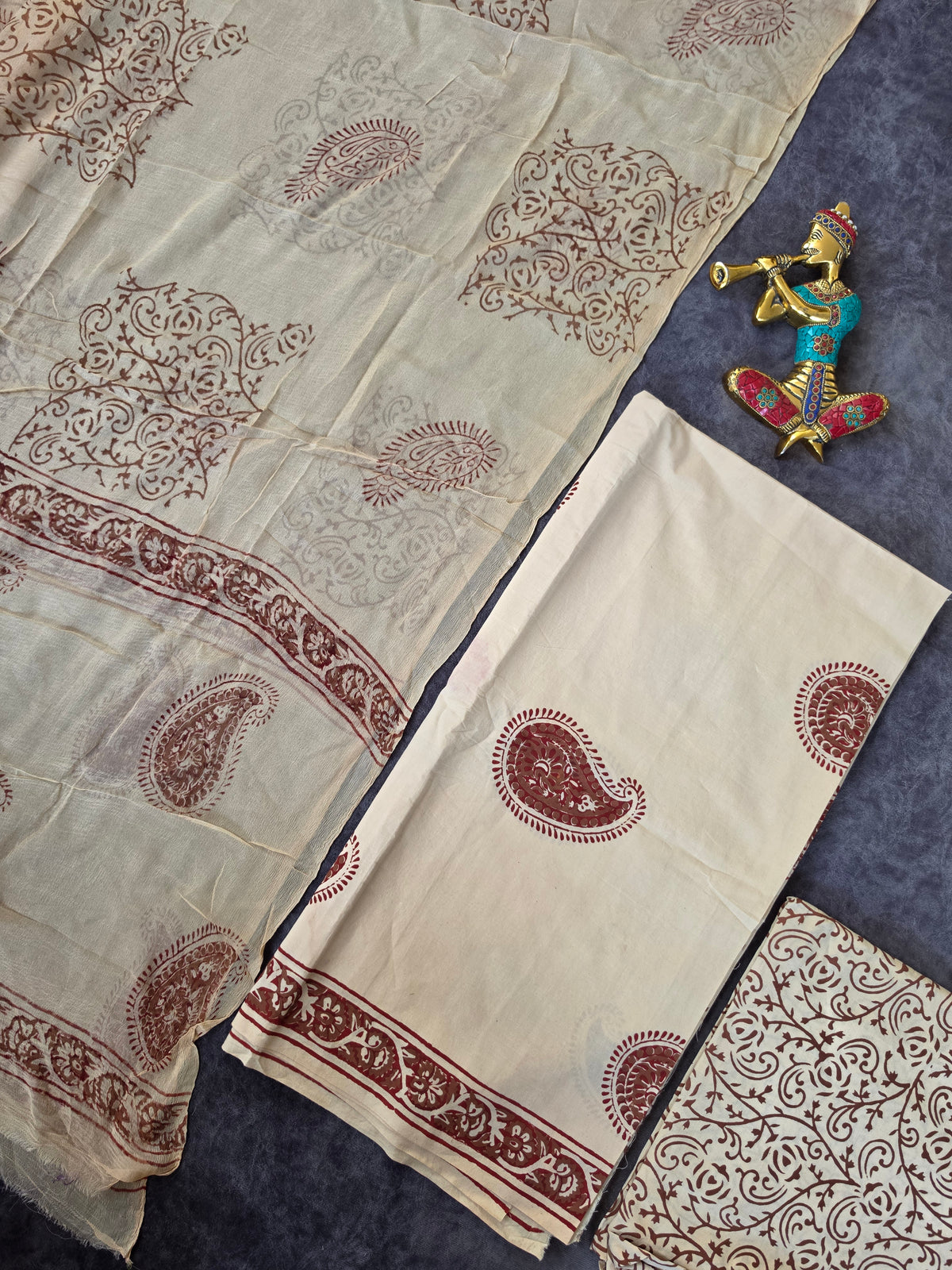 Handblock jaipuri cotton with chiffon shawl - JA589