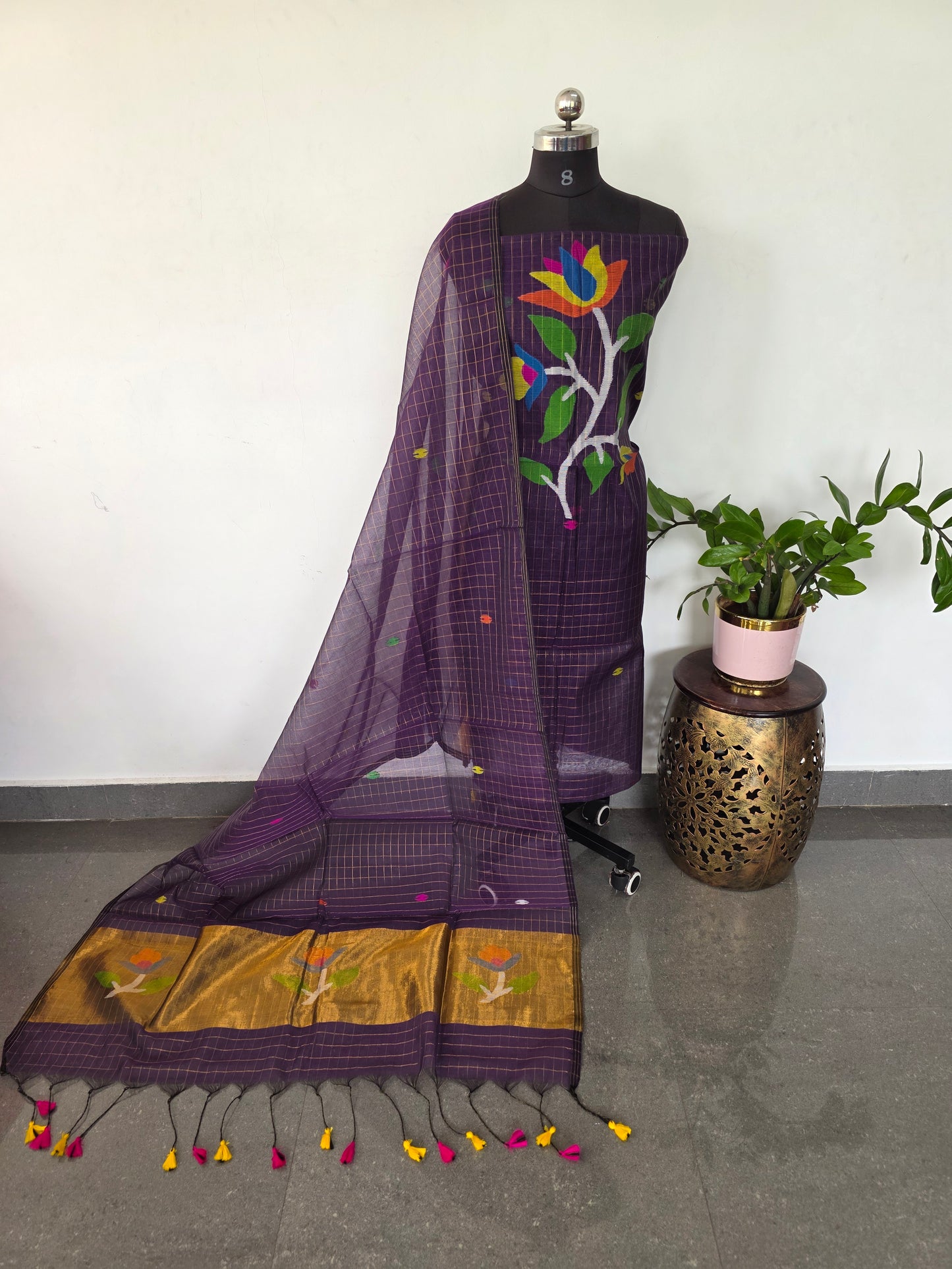 Checked Handloom muslin paithani jamdhani set - JMM375