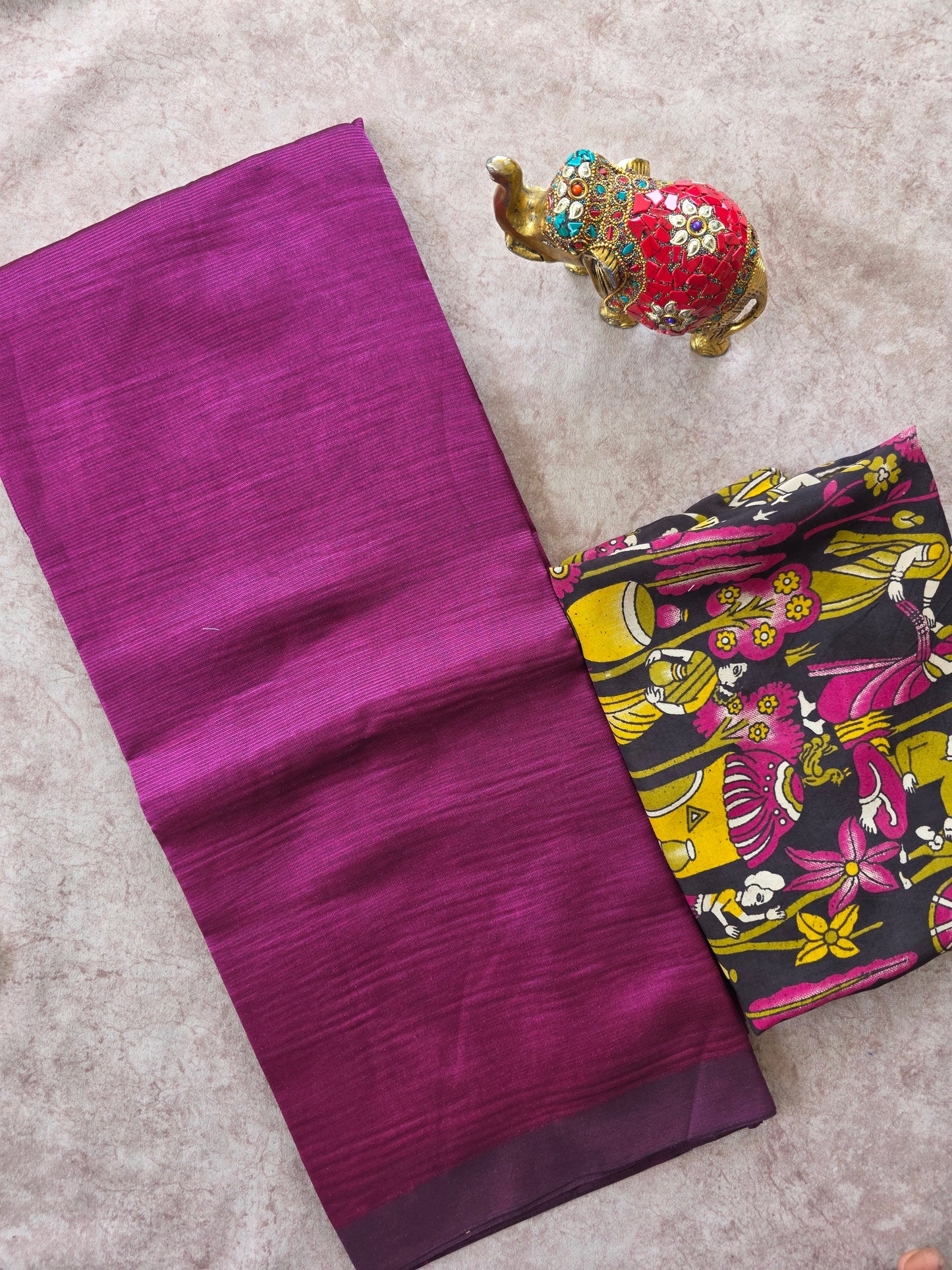 Premium plain semi mangalagiri pattu saree kalamkari silk blouse- MAA174