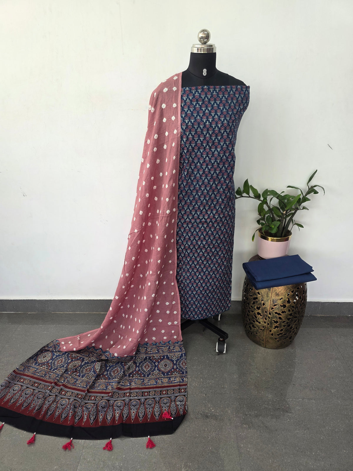 Handcrafted ajrakh cotton set with bandhini duppatta-HZ366