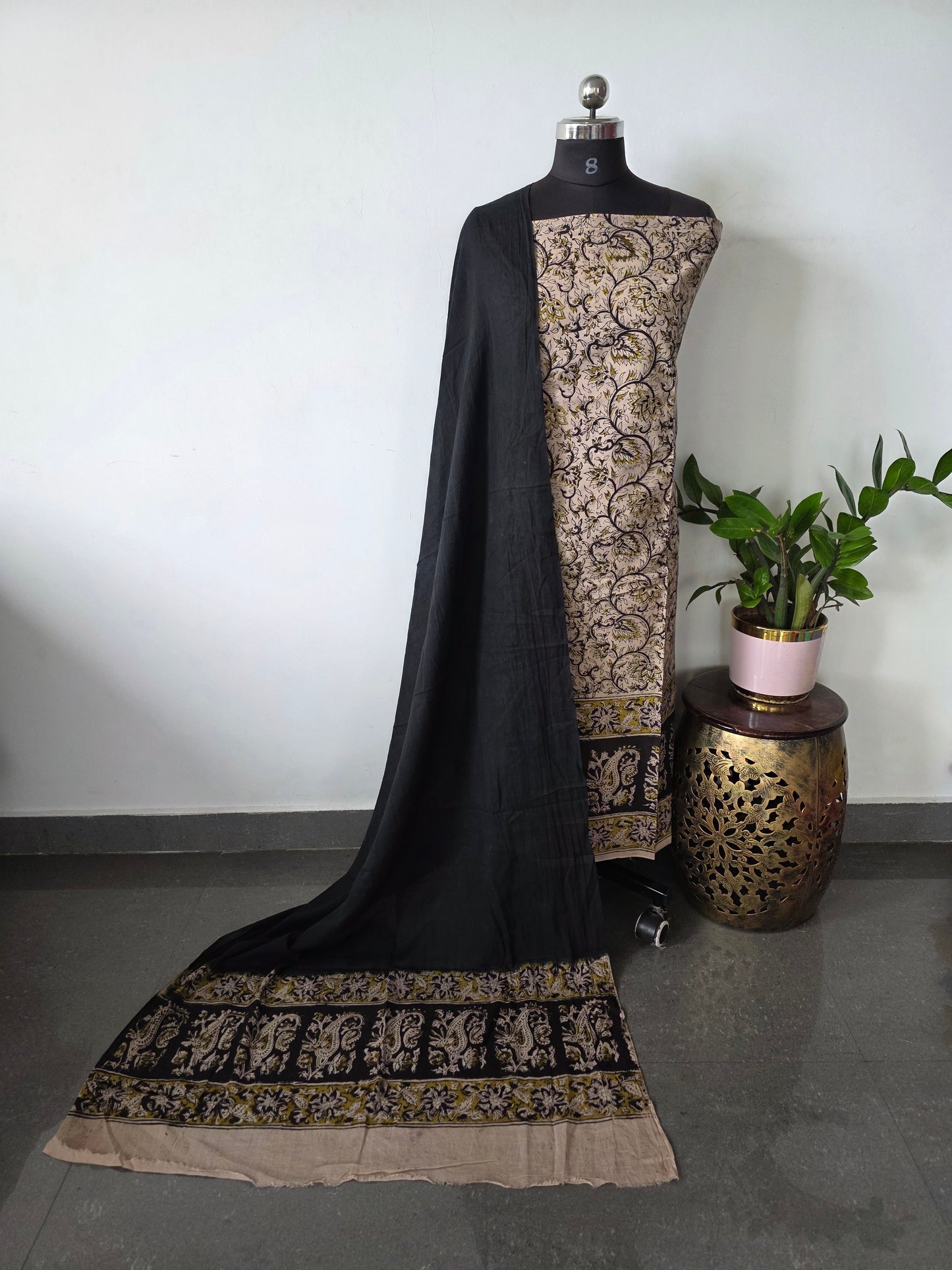 Handblock pure kalamkari cotton with border ( 2 pc set )- AK303