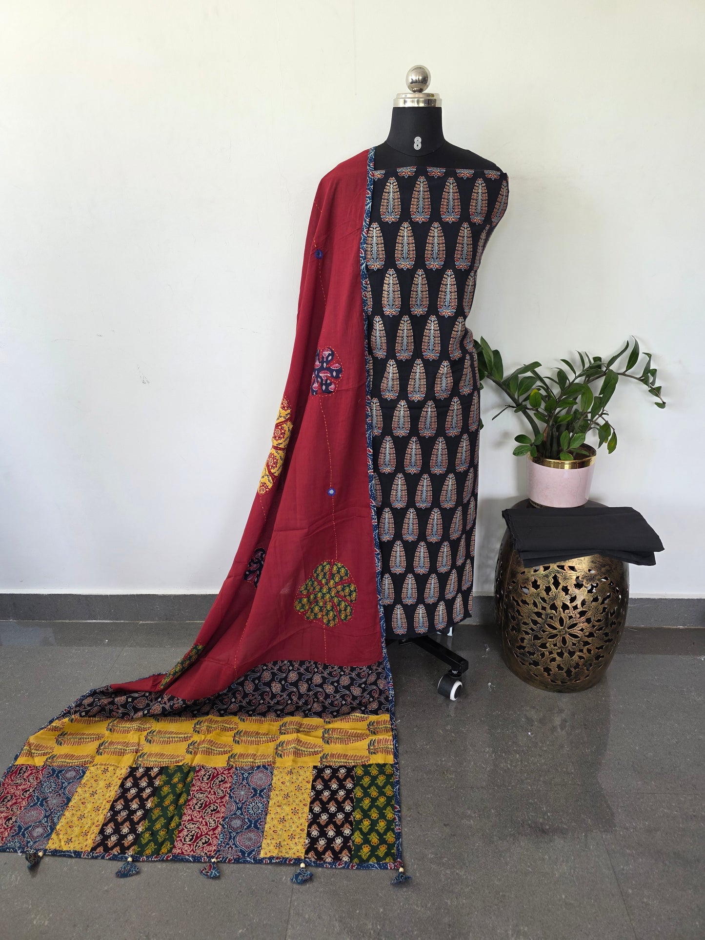Handcrafted ajrakh cotton set with kantha applique mirror cotton shawl (Black)- BAA105