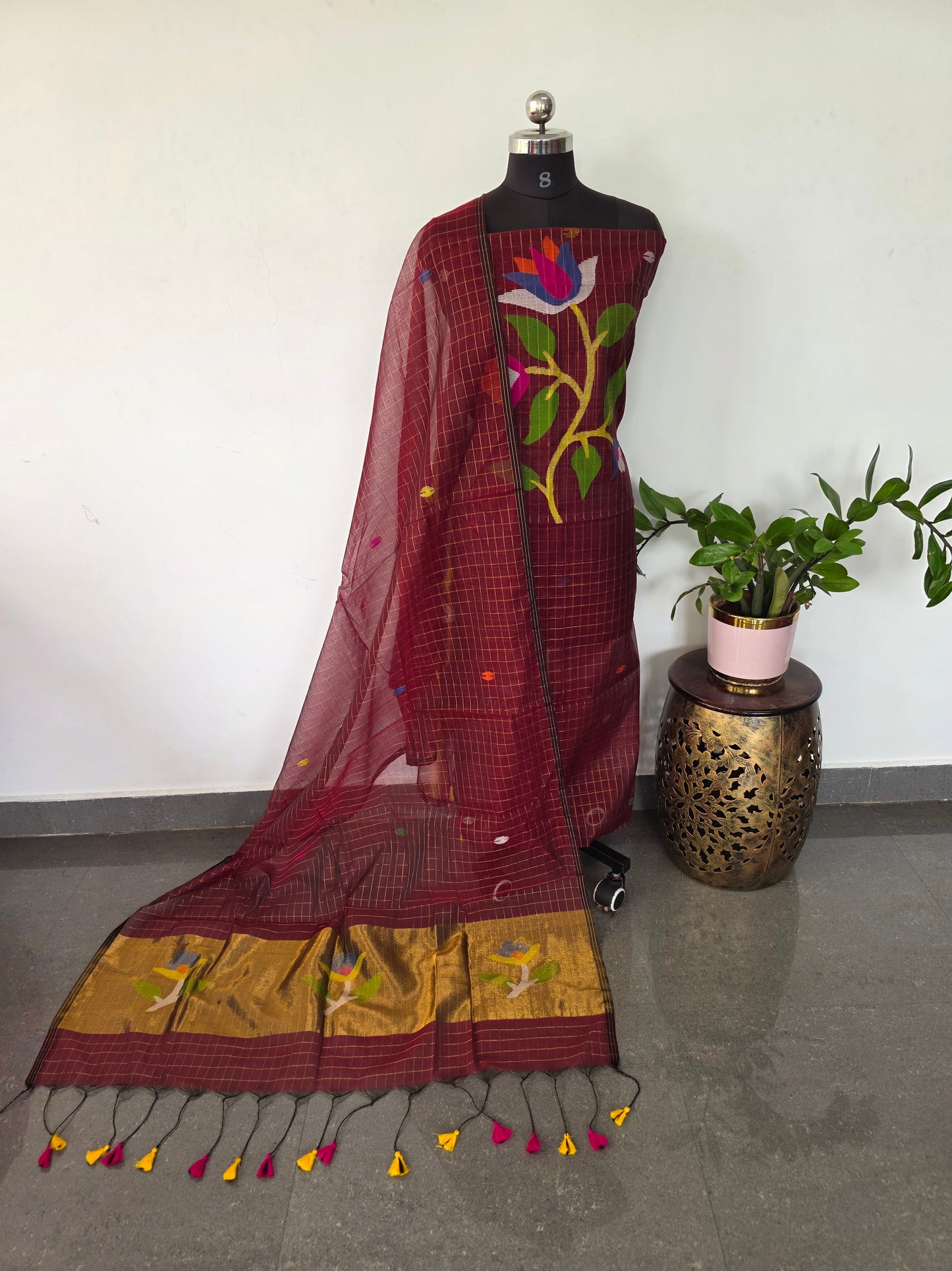 Checked Handloom muslin paithani jamdhani set - JMM373