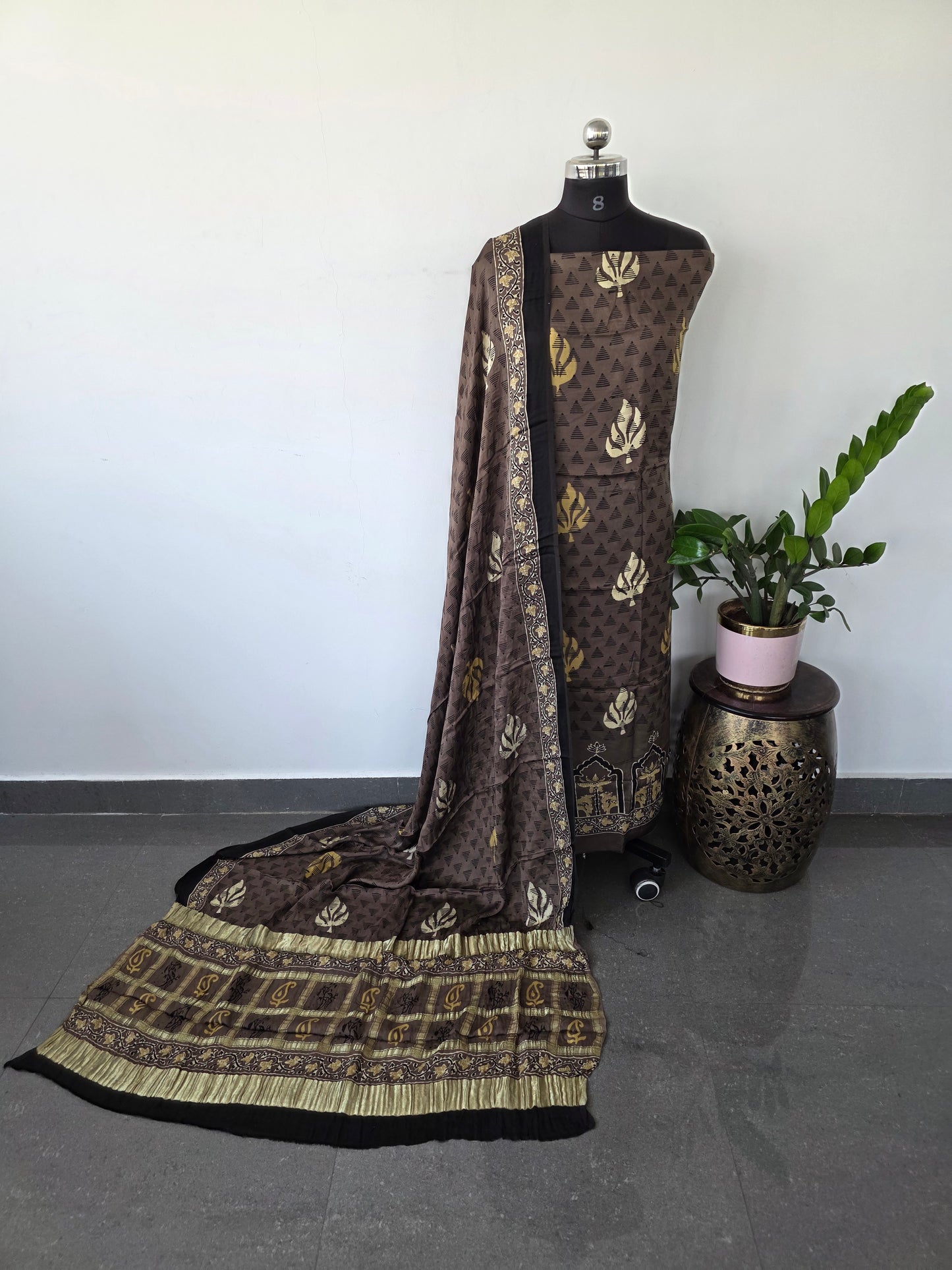 Handcrafted ajrakh modal silk set with gharchola pallu - HZ43