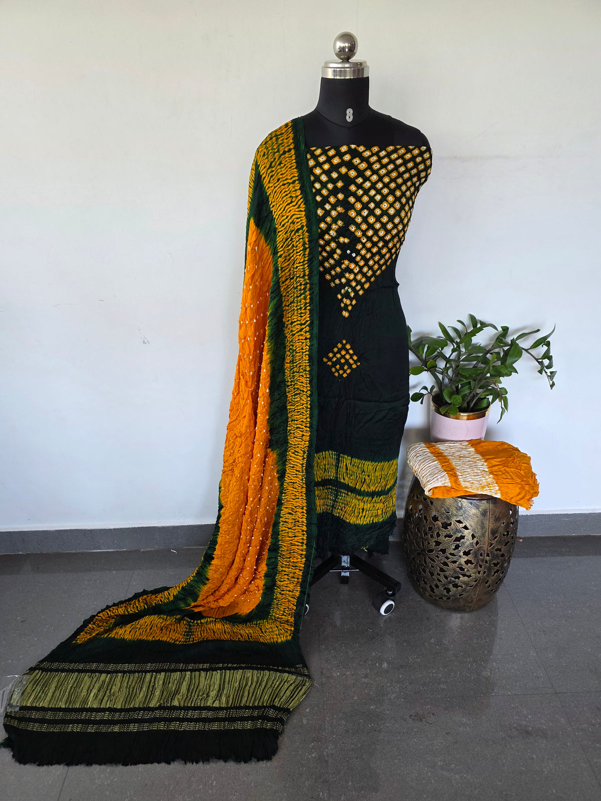 Handcrafted bandhani modal silk set(3 pcs set)(Green)-B218
