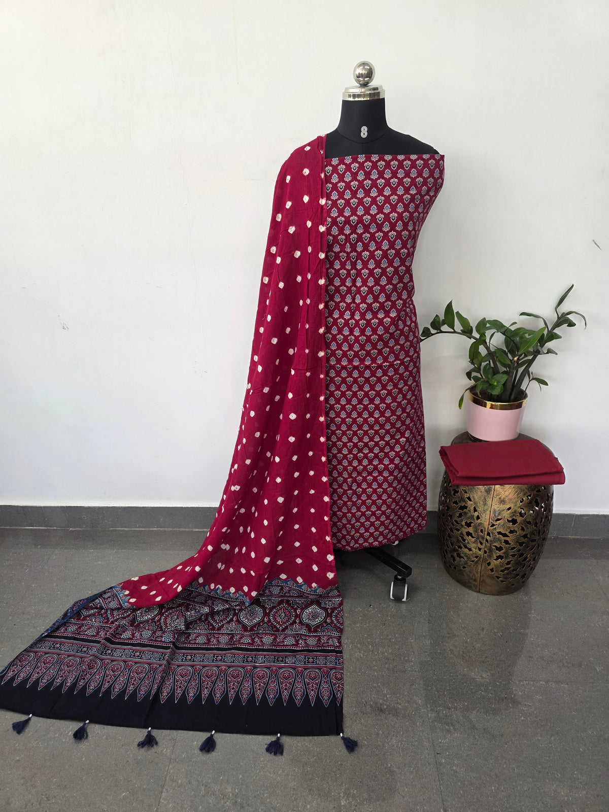 Handcrafted ajrakh cotton set with bandhini duppatta-HZ363