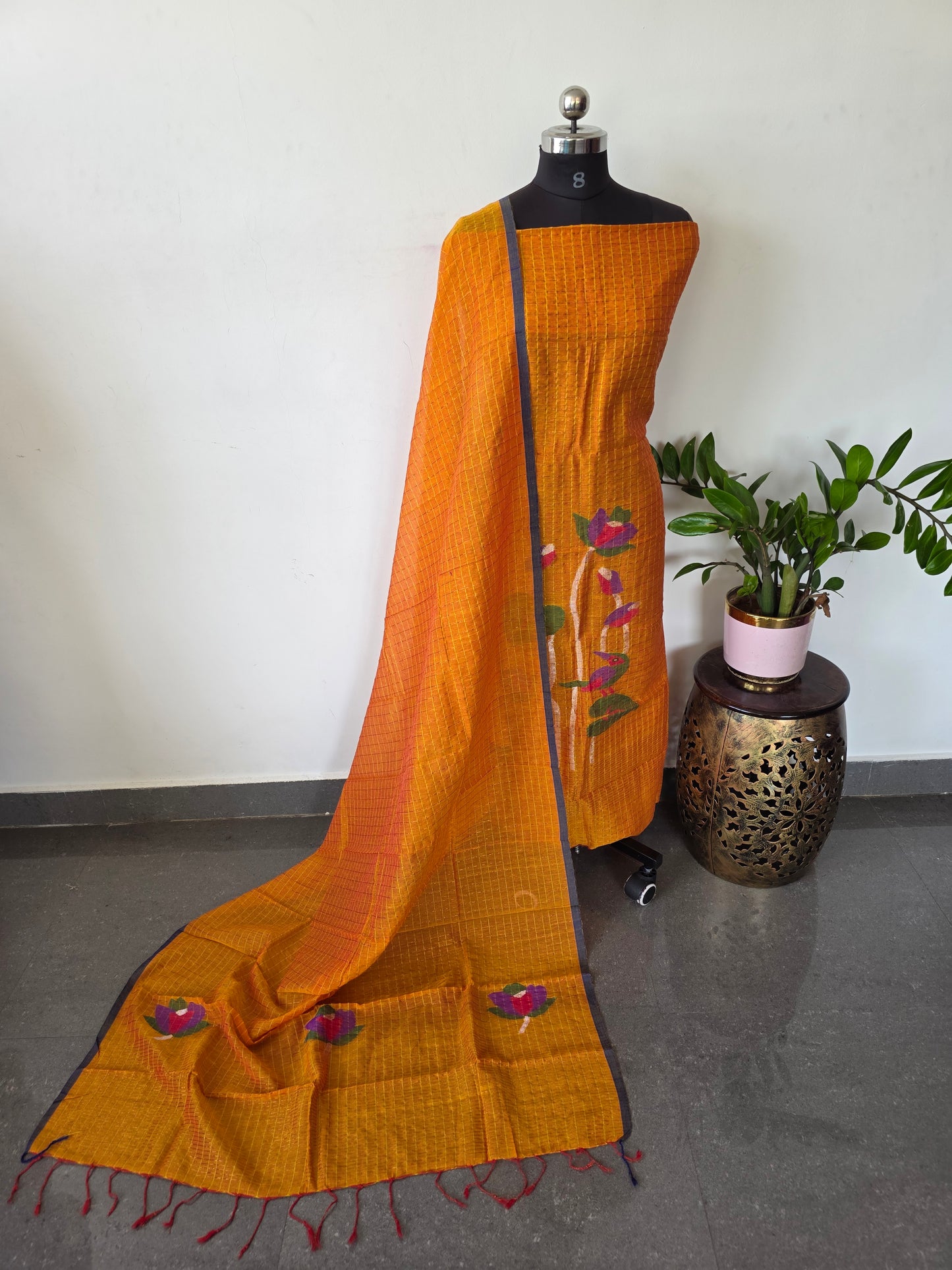 Handloom zari Checked Mul cotton paithani jamdhani set- JMM304