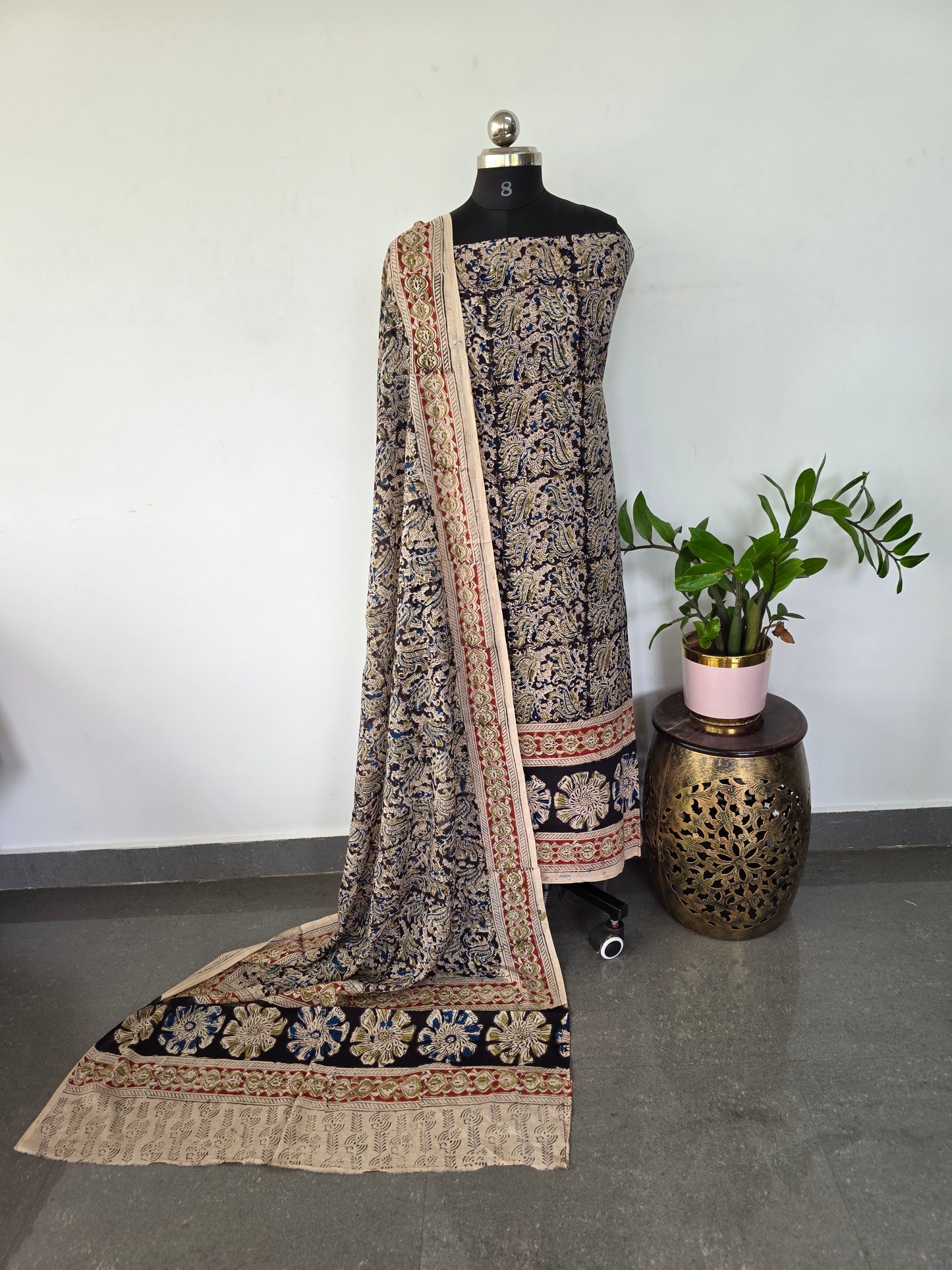 Handblock pure kalamkari cotton with border ( 2 pc set )- AK180