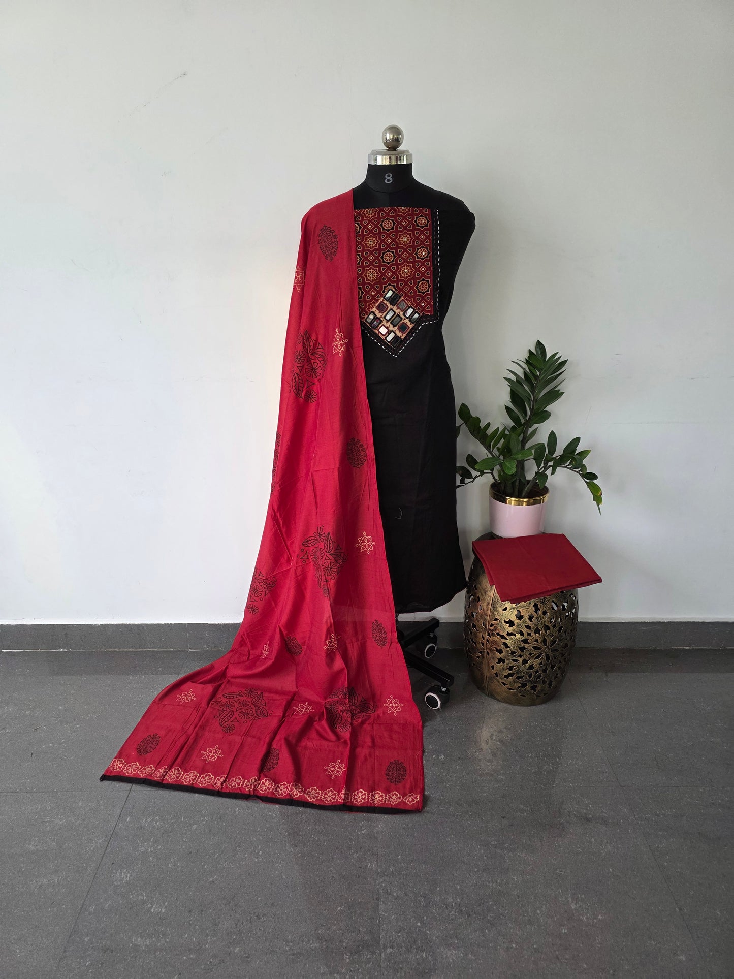 Pure ajrakh cotton set with silk shawl- black