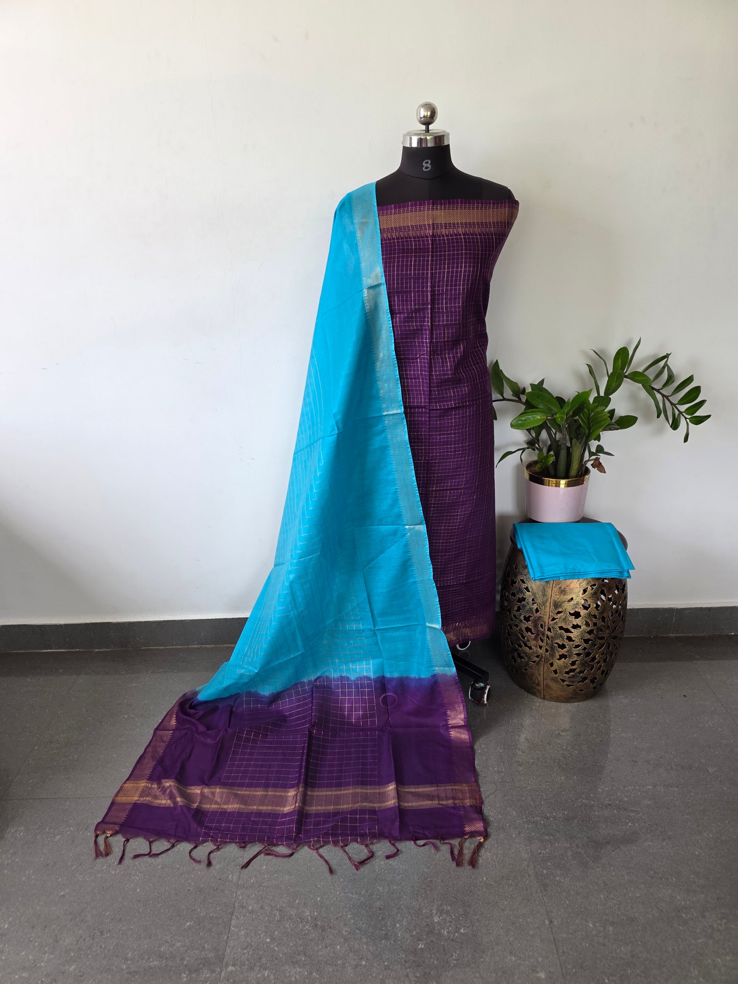 Checked Bhagalpuri fusion mangalagiri silk set - BA327
