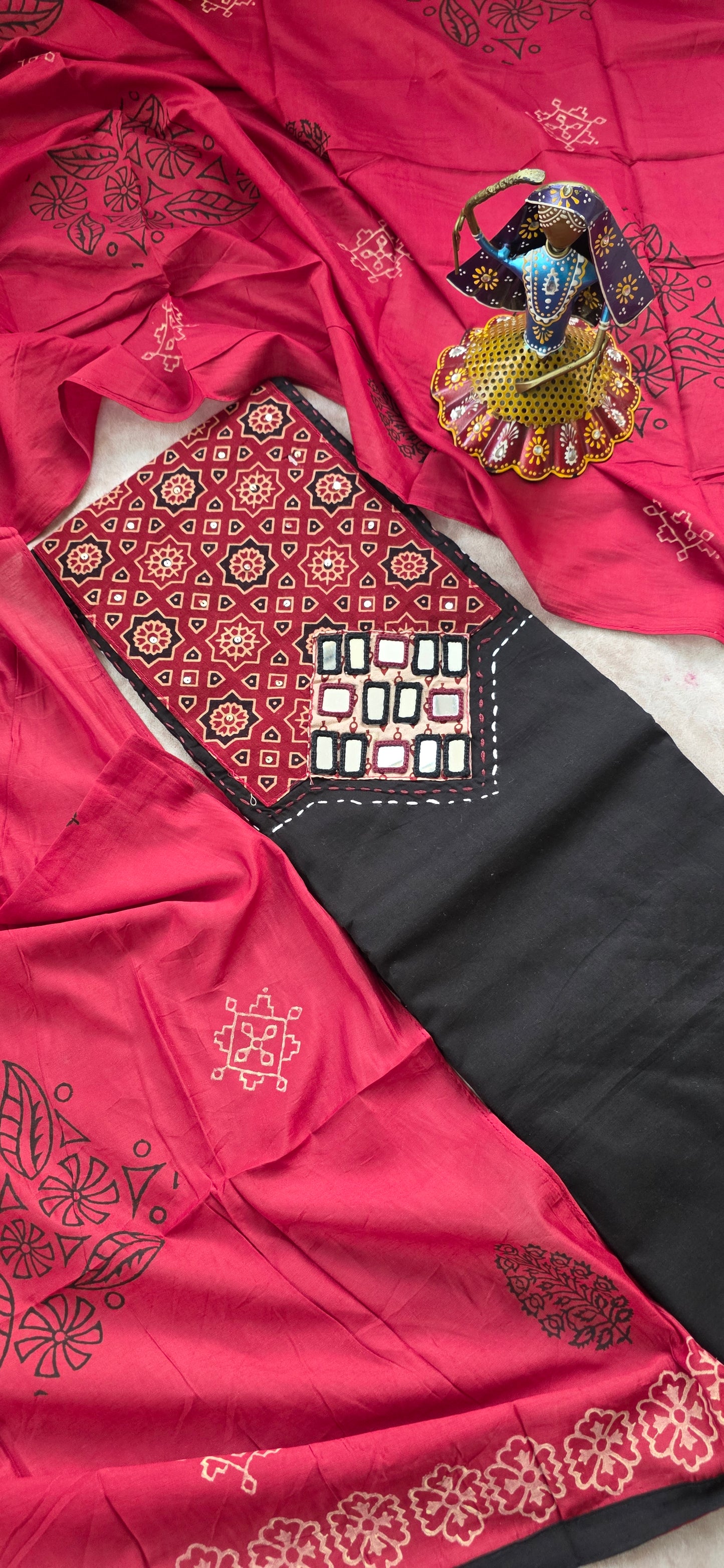 Pure ajrakh cotton set with silk shawl- black