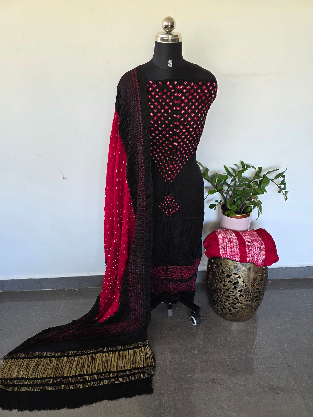 Handcrafted bandhani modal silk set(3 pcs set)(Black)-B216