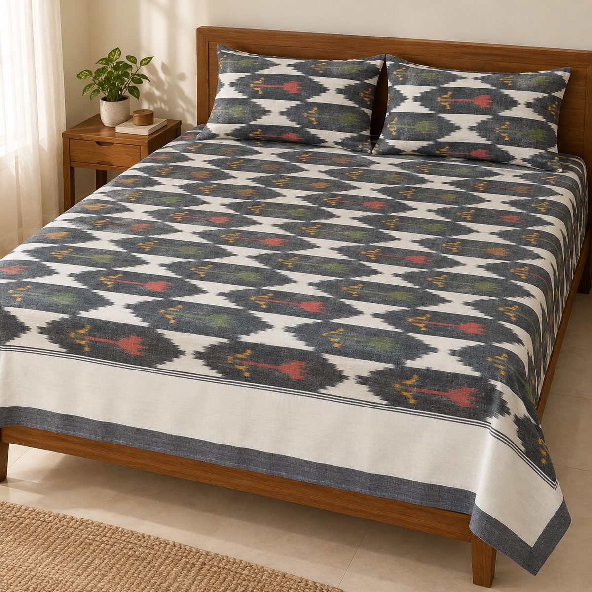 Warp ikkat bed sheets (90*108 2/40s bedsheet with pillow) -WW663