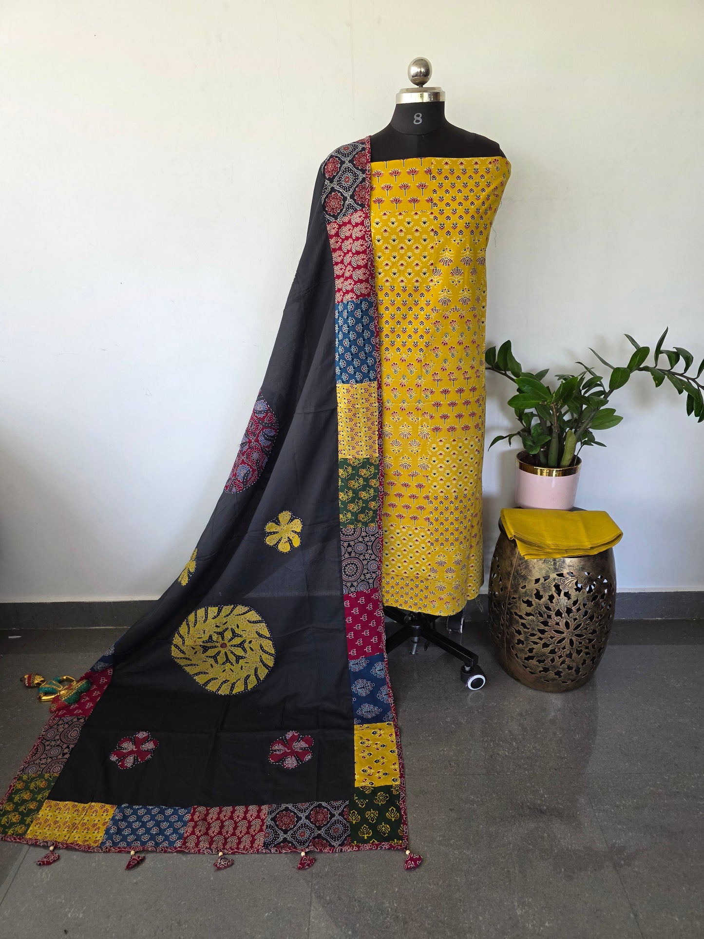 Handcrafted ajrakh cotton top with applique cotton shawl - BAA35