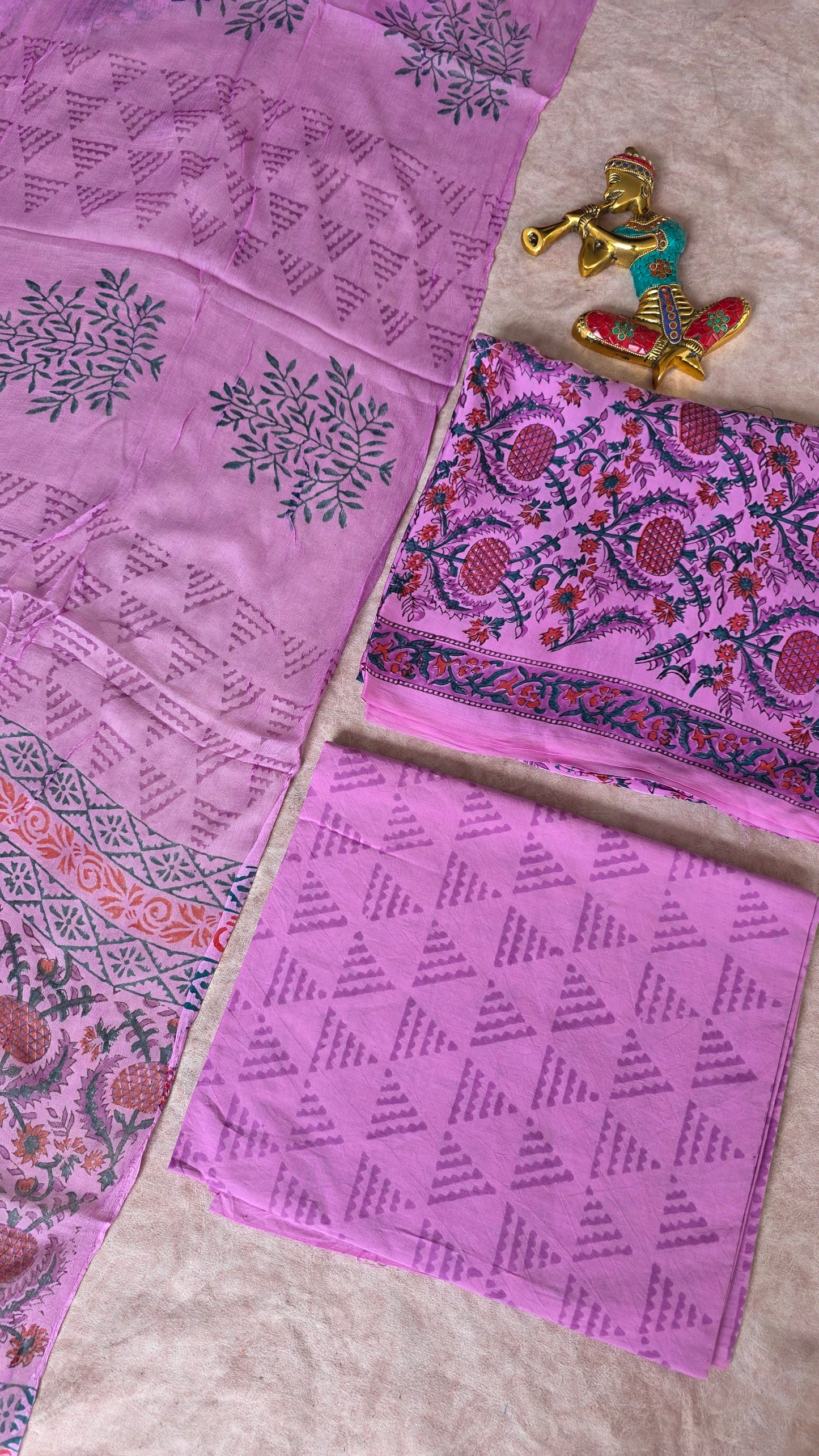 Handblock Jaipuri soft modal silk set with chiffon shawl- JA772