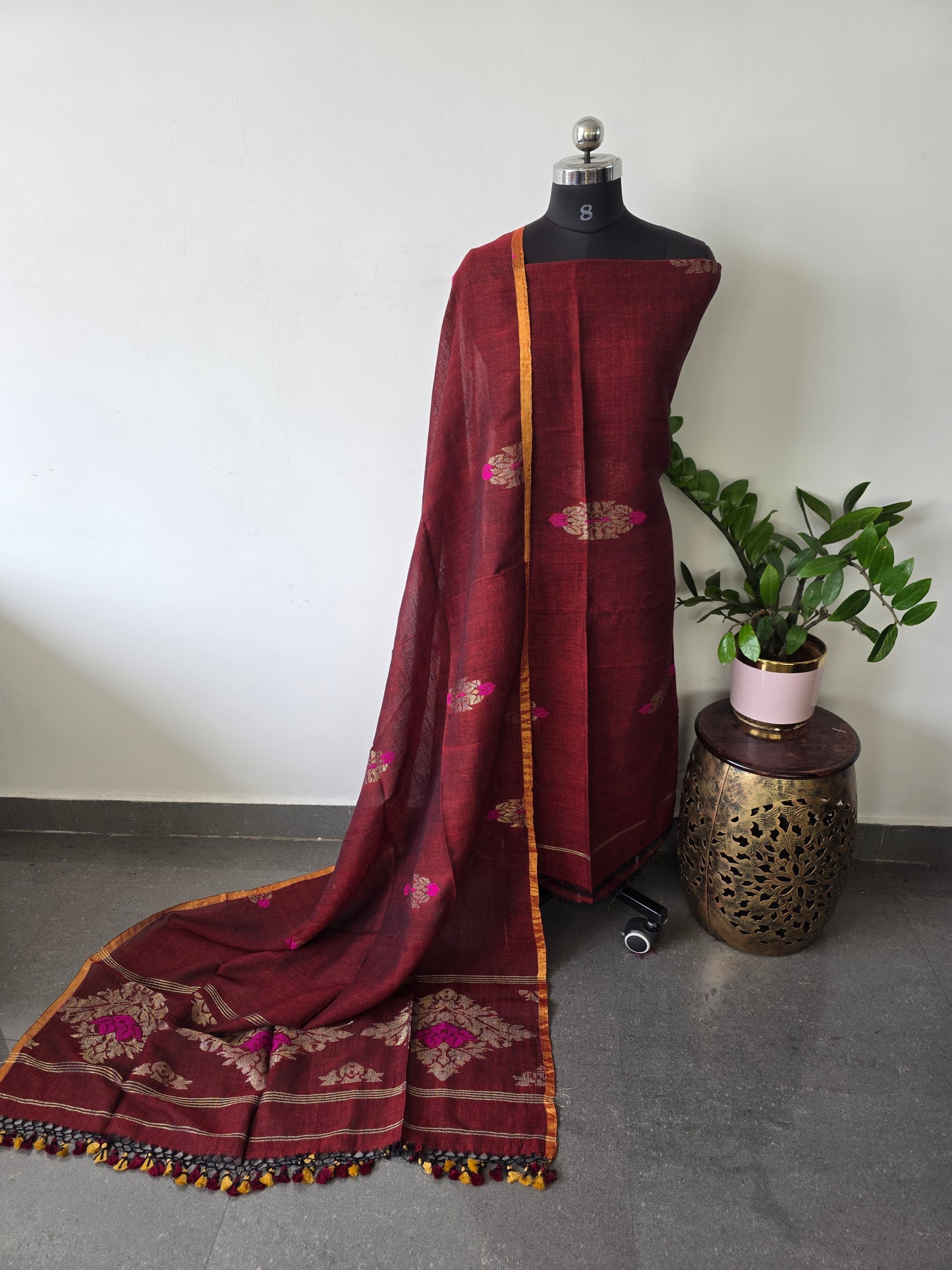 Premium handloom linen jamdhani set - JMM174