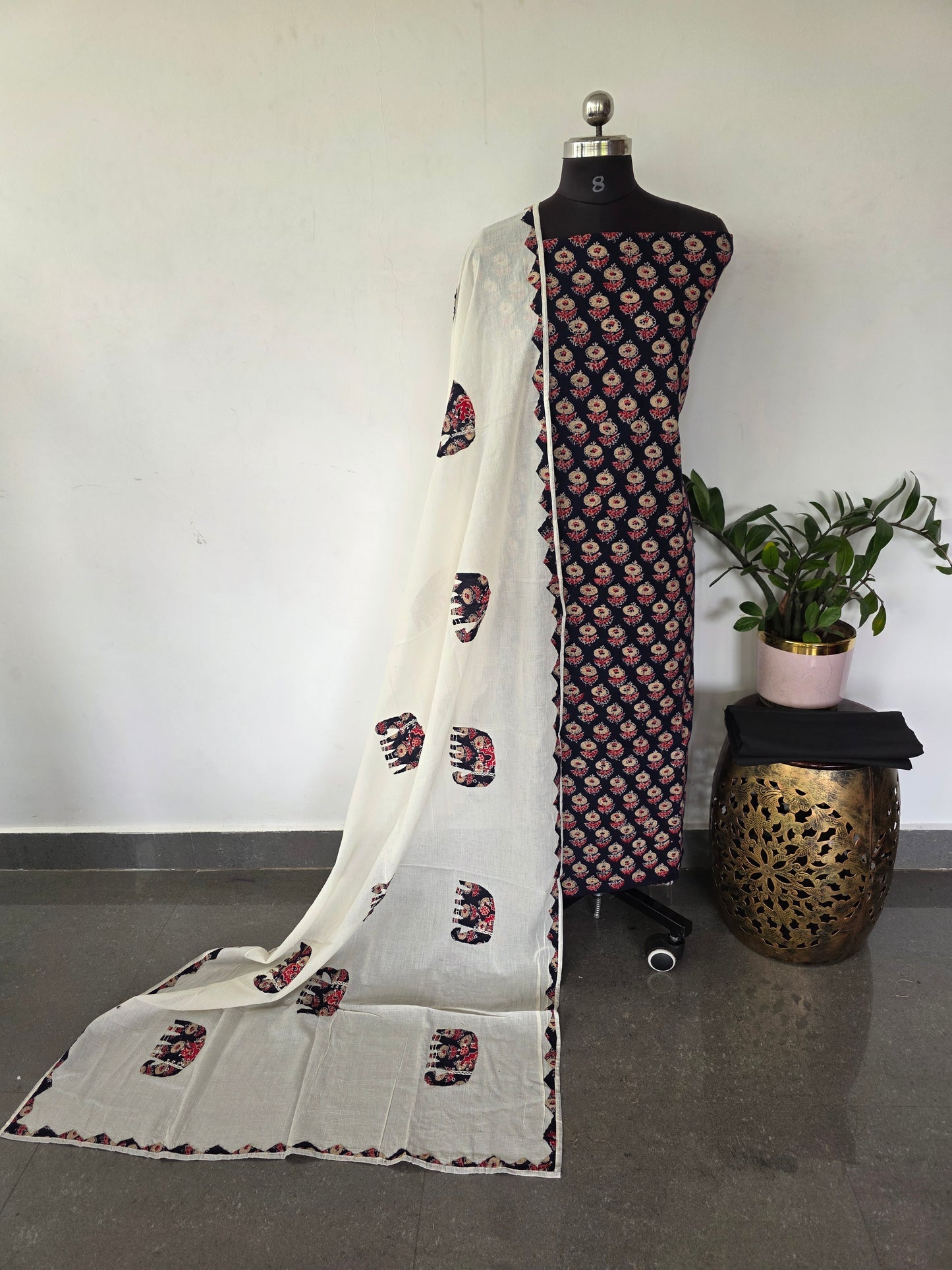 Handcrafted ajrakh cotton set with kantha applique cotton shawl (Black)- BAA122