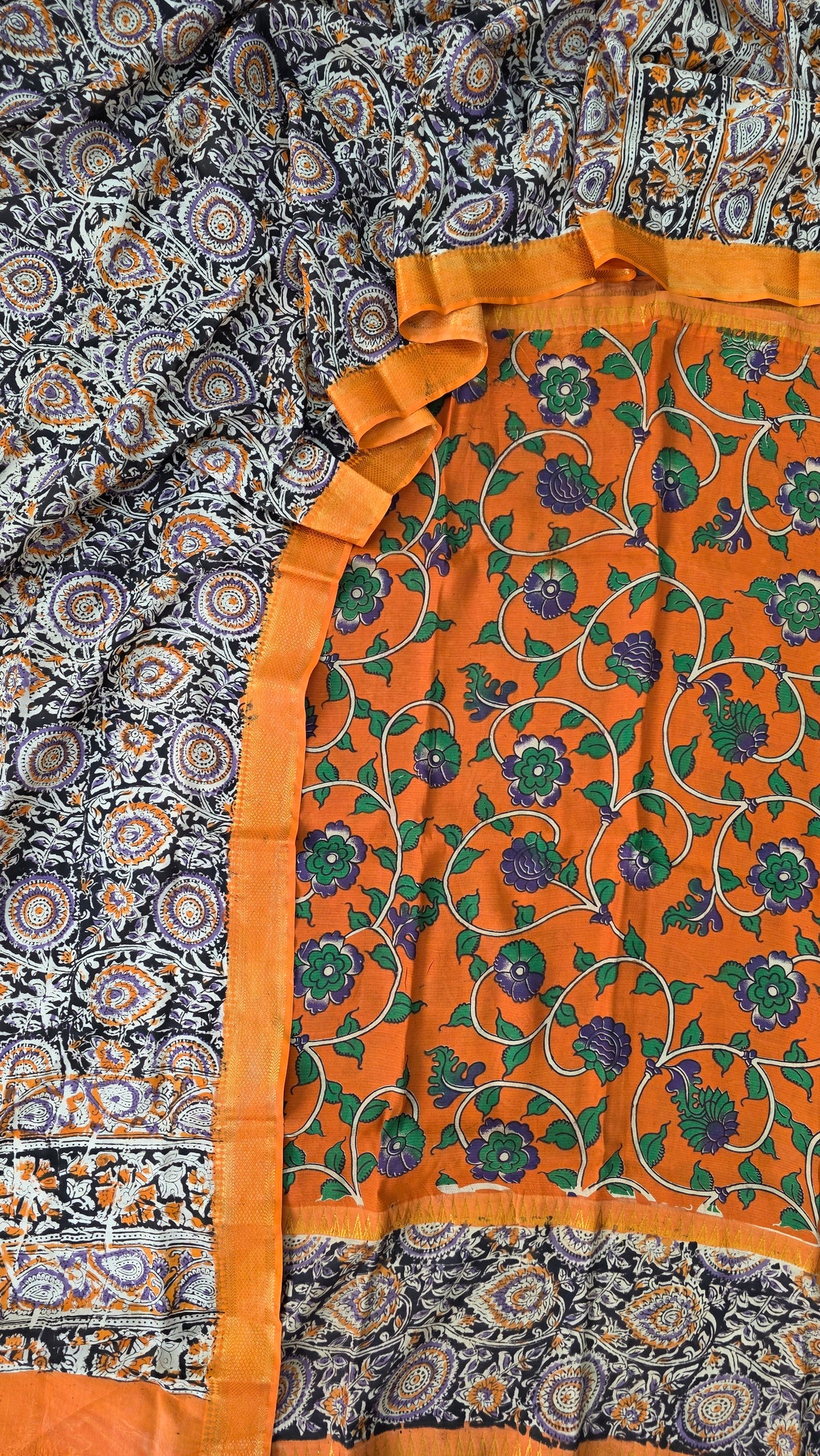 Mangalagiri kalamkari fusion gap border silk set-AK562