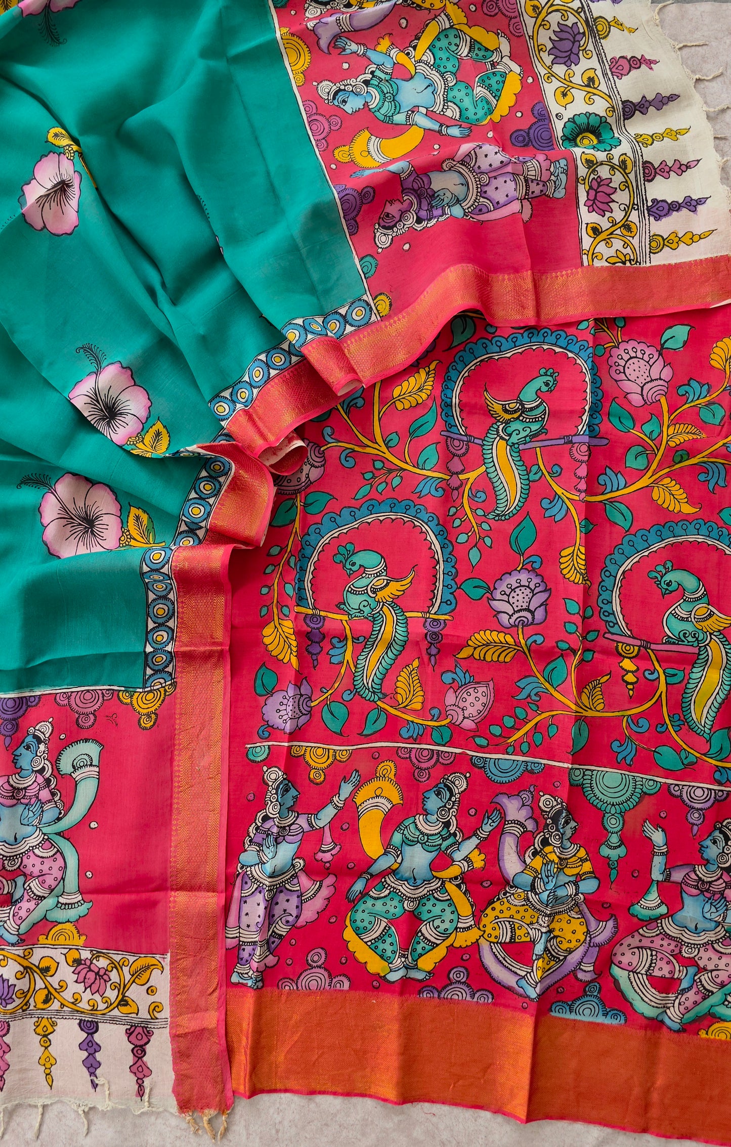 Handcrafted Kalahasthi Penkalamkari bangalore silk set - KH35